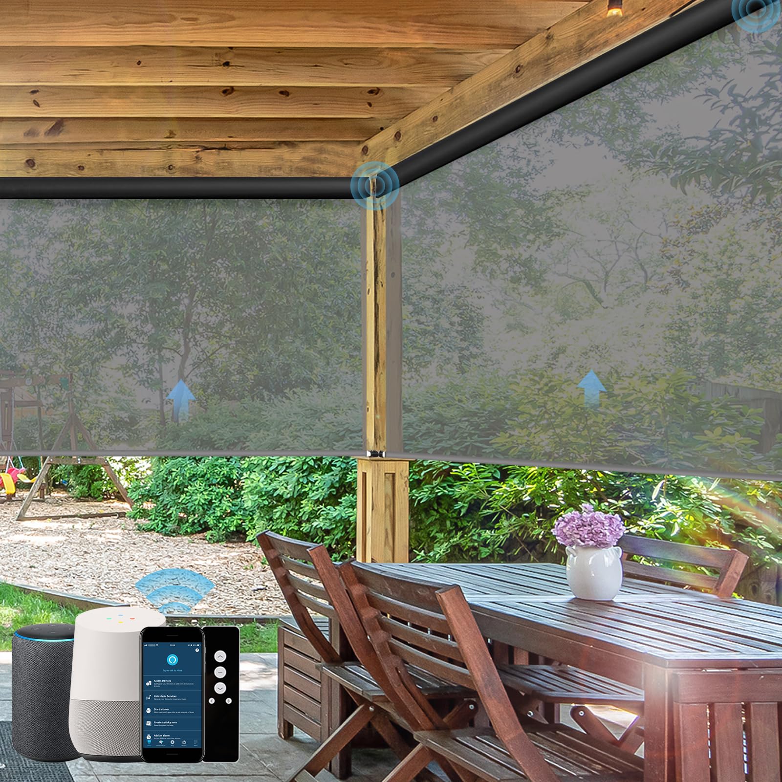Motorized Outdoor Roller Shades,Patio Roll Up Blind Work with Alexa,Google Home,Apple Homekit,Remote Control Sun Shade,Waterproof &Windproof Smart Blinds for Porch,Sirus Light Gray,5% Openness