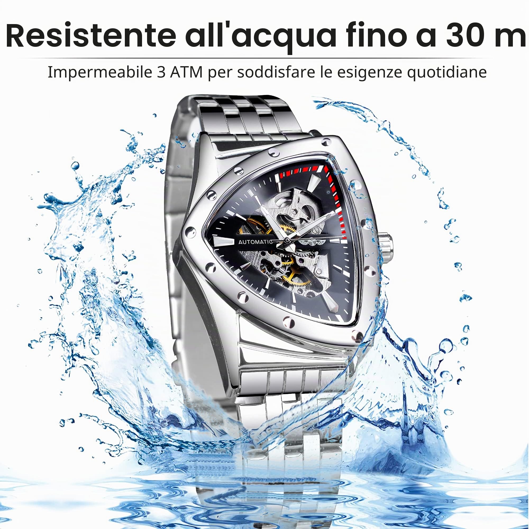 FORSINING Orologio da uomo scheletrato meccanico automatico con quadrante triangolare, luminoso, a carica automatica, cinturino in acciaio inox o morbido cinturino in silicone
