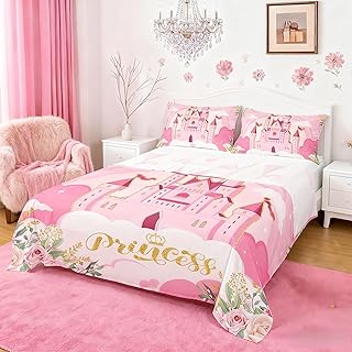 Girls Women Princess Bed Sheet Set Queen,Pink Castle Dreamy Sheets Set K...