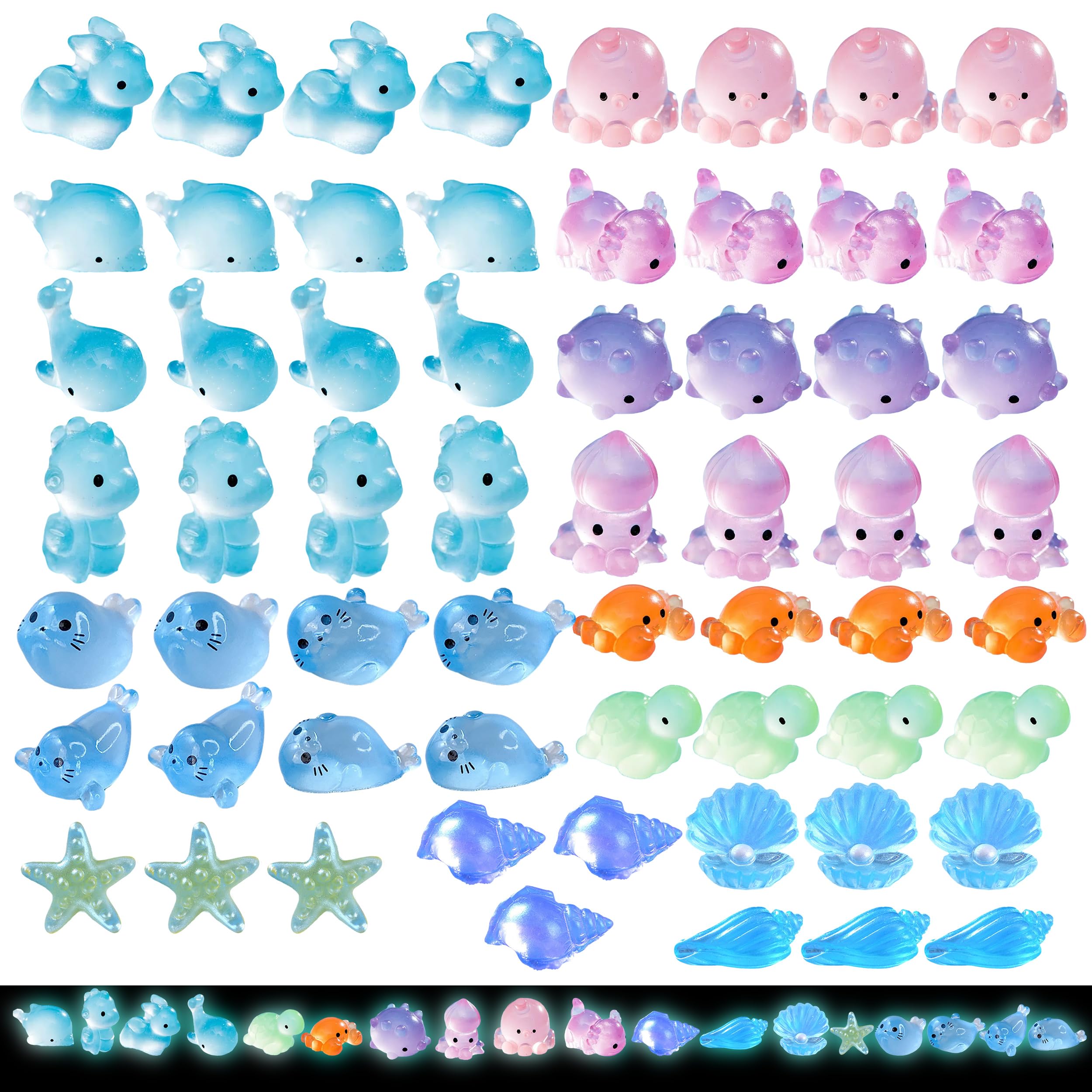 Piacolnic Muticolor 60Pcs Mini Resin Animals, 18 Styles Resin Ocean Animal Figurines, Multicolor Glow In The Dark Tiny Animals For Fish Tank Aquarium Garden Dollhouse Party Decorations