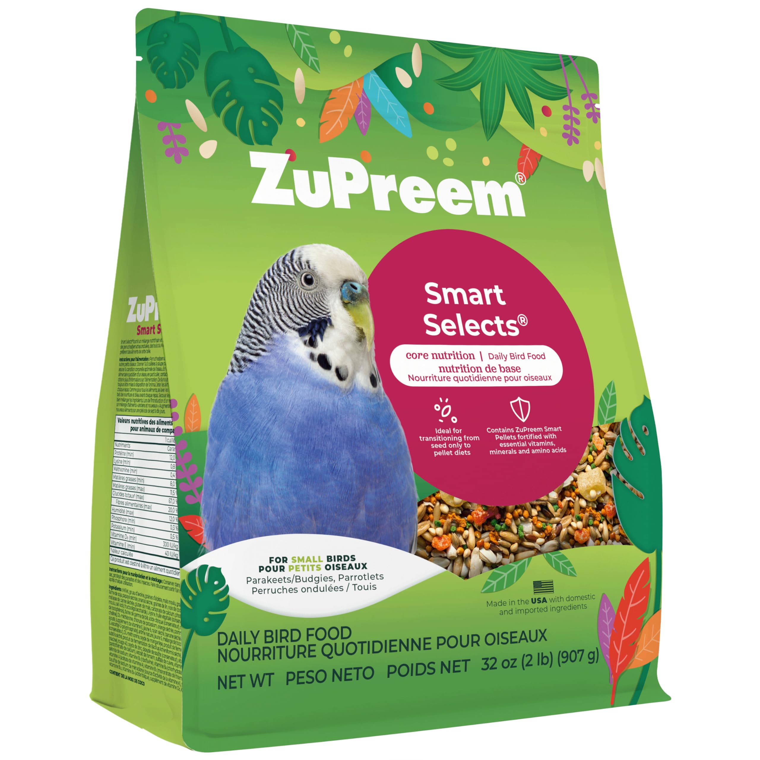 ZuPreem Smart Selects Parakeet & Budgie Food, Seed Blend, Small, 2 lb | Bird Food, Parrot & Parakeet Food, Budgie, Pellet Mix