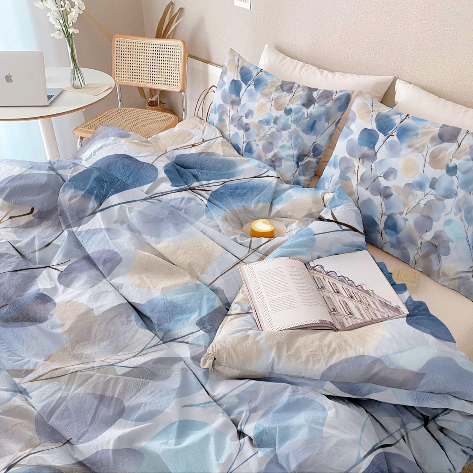Komplet pościeli 200 x 200 cm – niebieska dziewczęca pościel dwustronna z mikrofibry, nowoczesna akwarela, liście eukaliptusa, rośliny, miękka i nie wymaga prasowania, poszewka na kołdrę z zamkiem