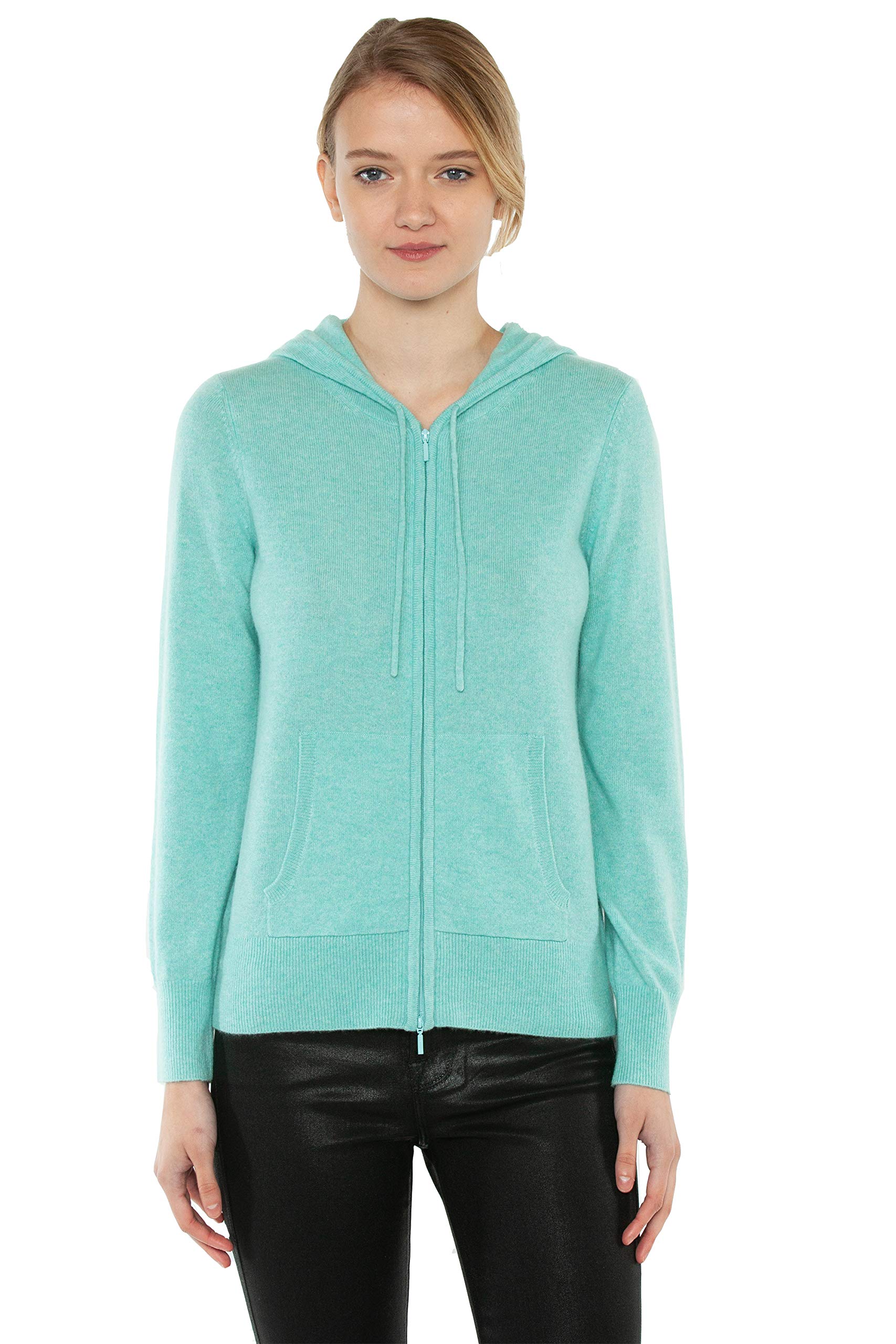 JENNIE LIU Women's 100% Pure Cashmere Long Sleeve Zip Hoodie Cardigan(L, Aqua)
