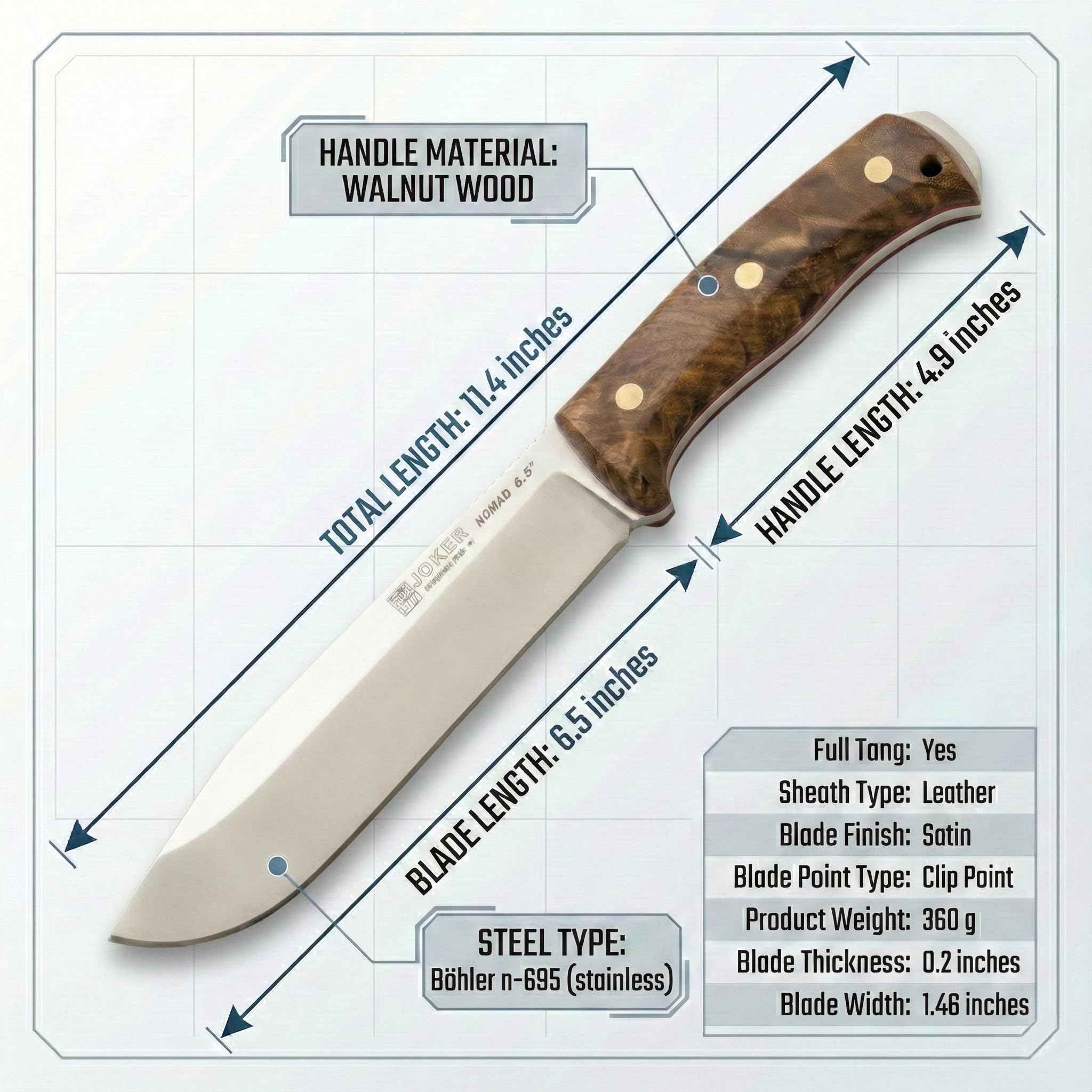 joker Coltello da caccia Nomad 6.5' CN137, manico in noce, lama da 16,5 cm, fodero in pelle marrone, strumento per la pesca, la caccia, il campeggio e l'escursionismo.