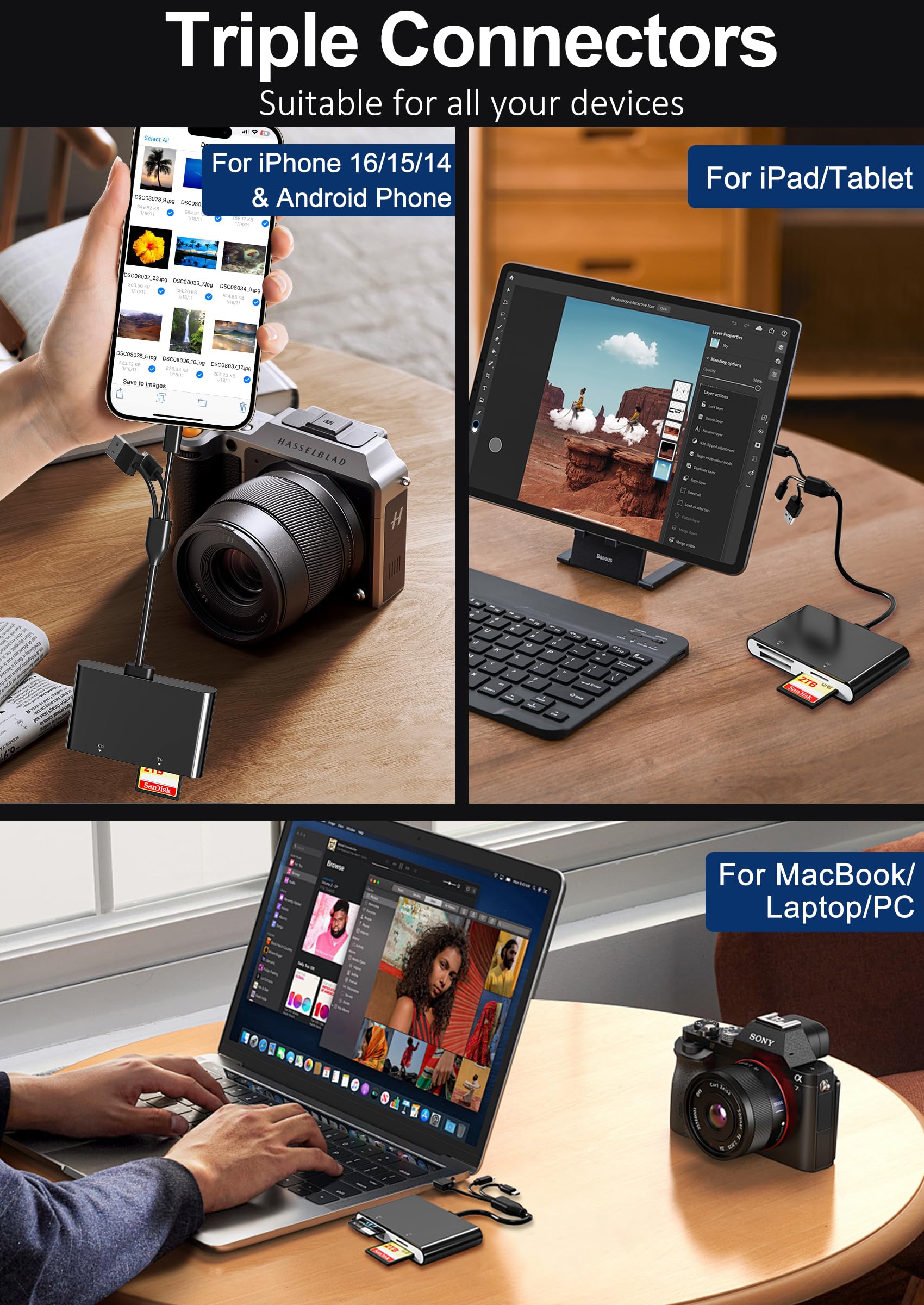 Lettore Memory Stick Pro Duo – Lettore di schede di memoria multi 4 in 1 con triplo Lightning/USB-C/USB-A per SD/Micro SD/MS/xD-Picture Card, Sony Cybershot Memory Stick Pro Duo Adattatore per iPhone