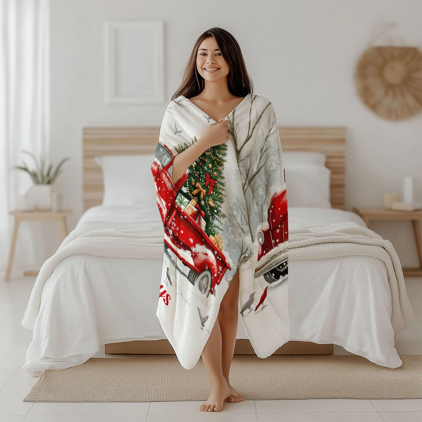 Manta de Franela Polar, Suave y cálida, con Estampado Navidad Camión Retro Manta de Viaje para Dormitorio Sala de Estar Oficina 200 x 220 cm, Blanco