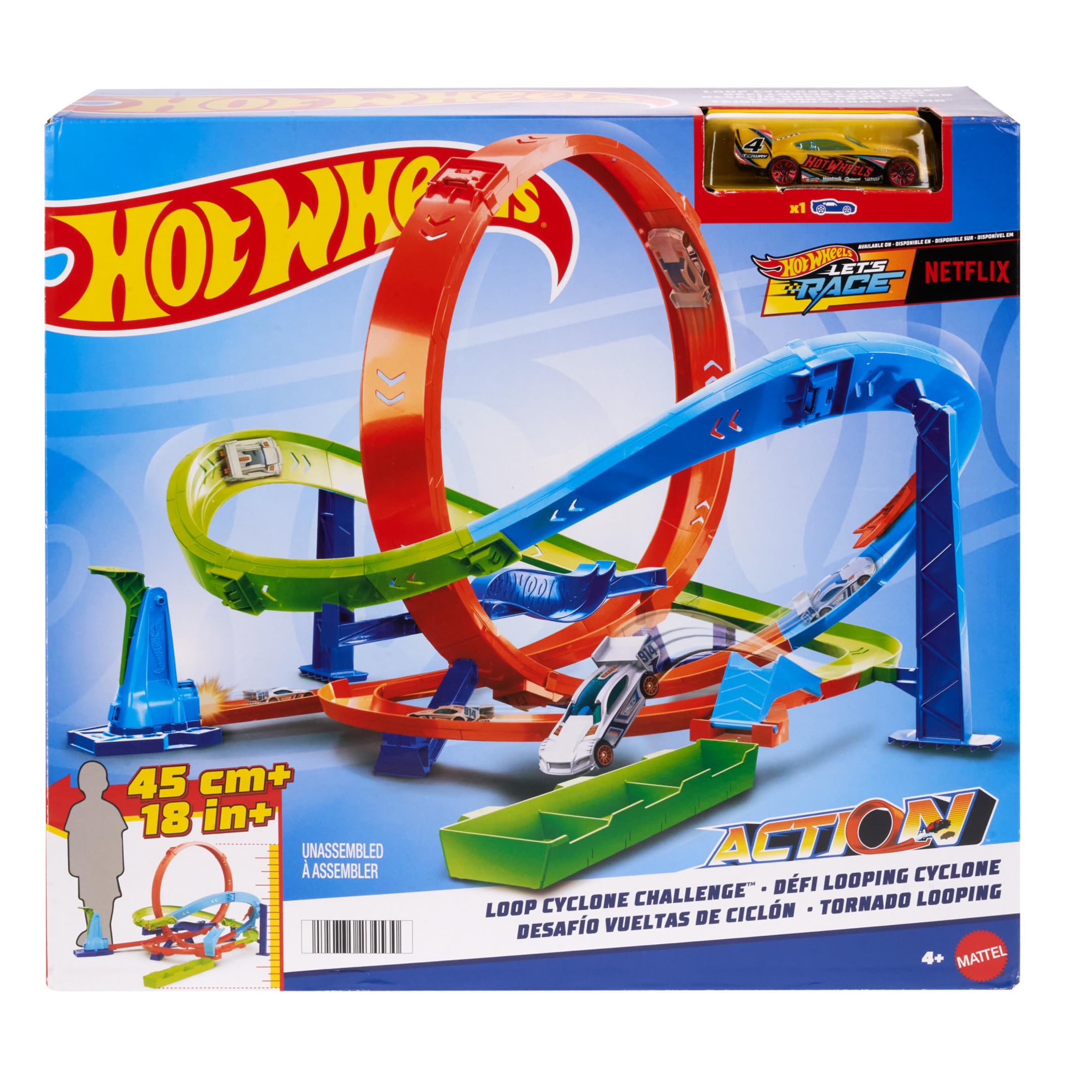 Hot Wheels Action “Let's Race - ¡a correr!” Netflix - Desafío del ciclón Pista para coches de juguete con lanzador y 1 vehículo, 2 formas de jugar, juguete +4 años (Mattel HXM94) | Incluye coche de juguete a escala 1:64, 18 pulgadas de alto, 2 formas de j