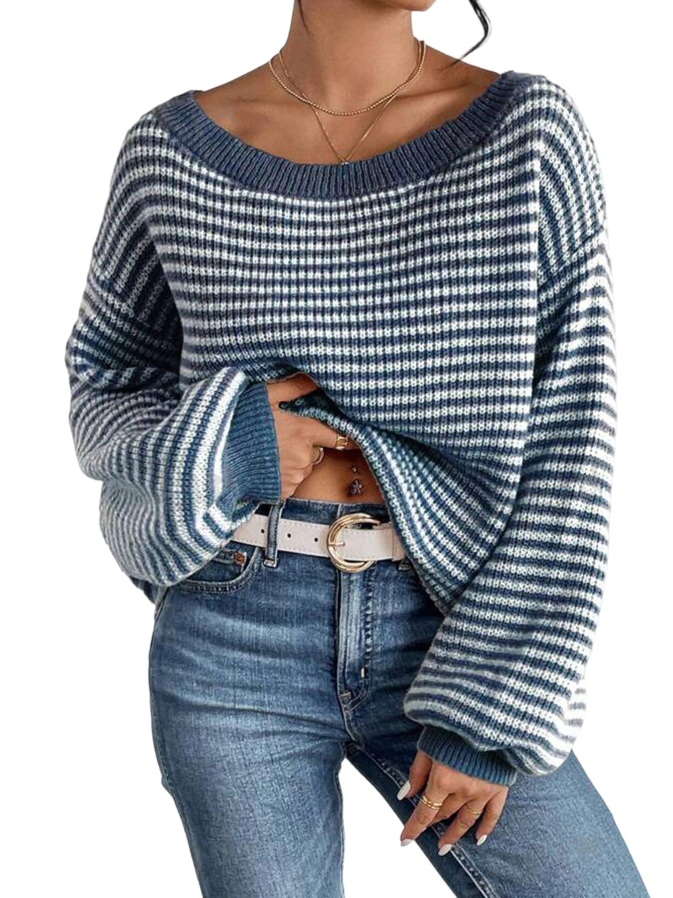 Womens Cozy Blue Striped Knit Sweater Oversized Loose Long Bell Sleeve Pullover Tops Comfortable Fall Tunics Outfits 2025