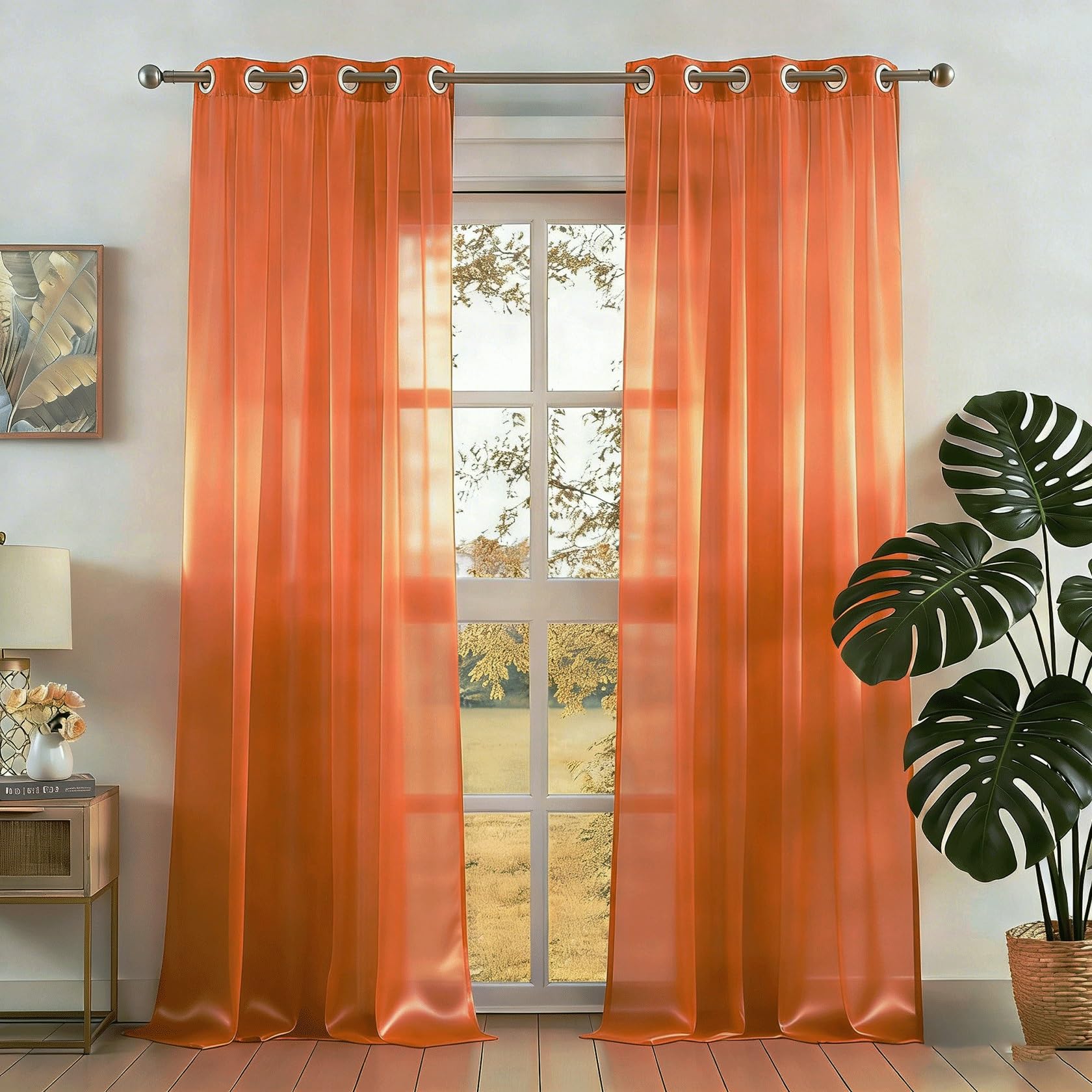 Voile Gardinen 200 x 230 cm mit Ösen, aus Voile Polyester, Luftig Fenstervorhang, Lichtdurchlässig Einfarbige, Optik Transparent, Langlebig für Fenstervorhang Wohnwagen, Orange