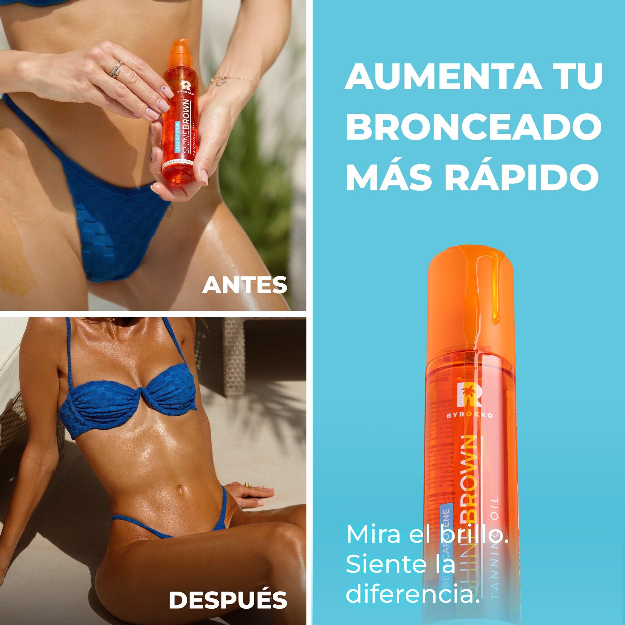 BYROKKO Shine Brown - aceite de bronceado de betacaroteno (150 ml), acelerador para tumbonas y sol al aire libre, para maximizar el bronceado definitivo