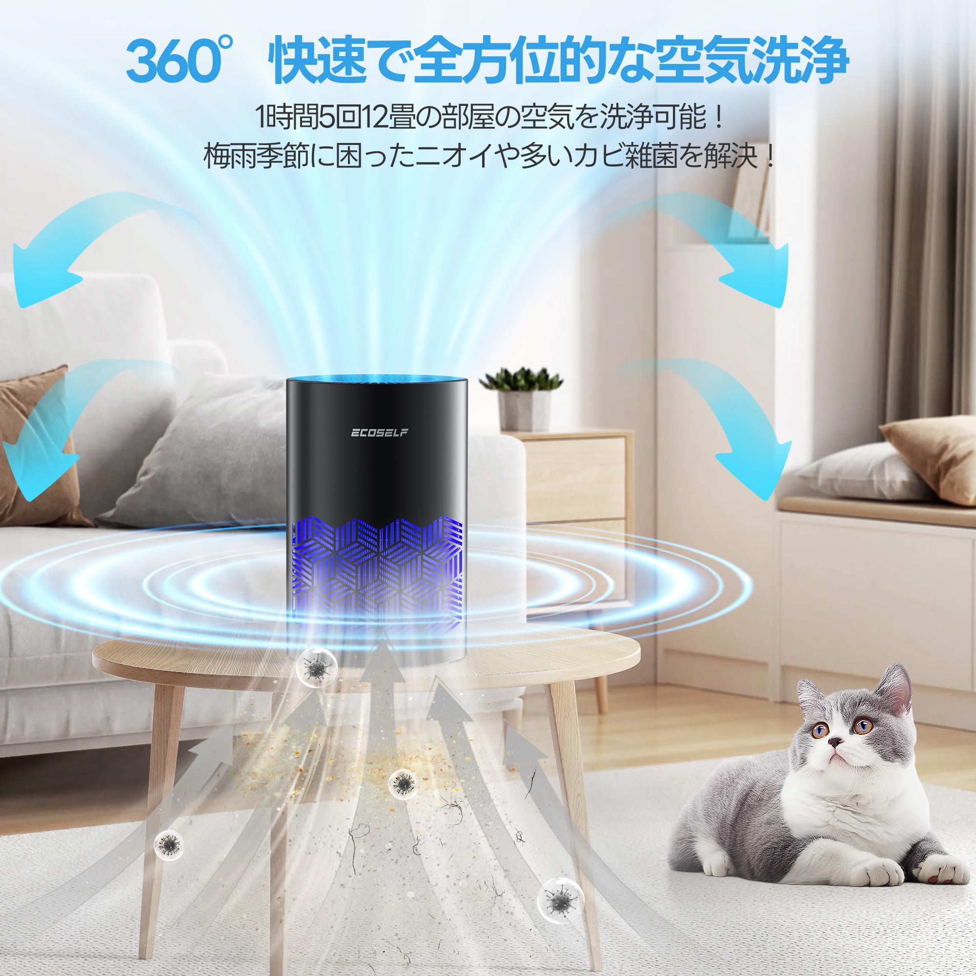 ECOSELF 空気清浄機小型 2025新モデル Hepaフィルター節電12畳 Amazon.co.jp: ECOSELF 空気清浄機 小型 【2025新モデル Hepa