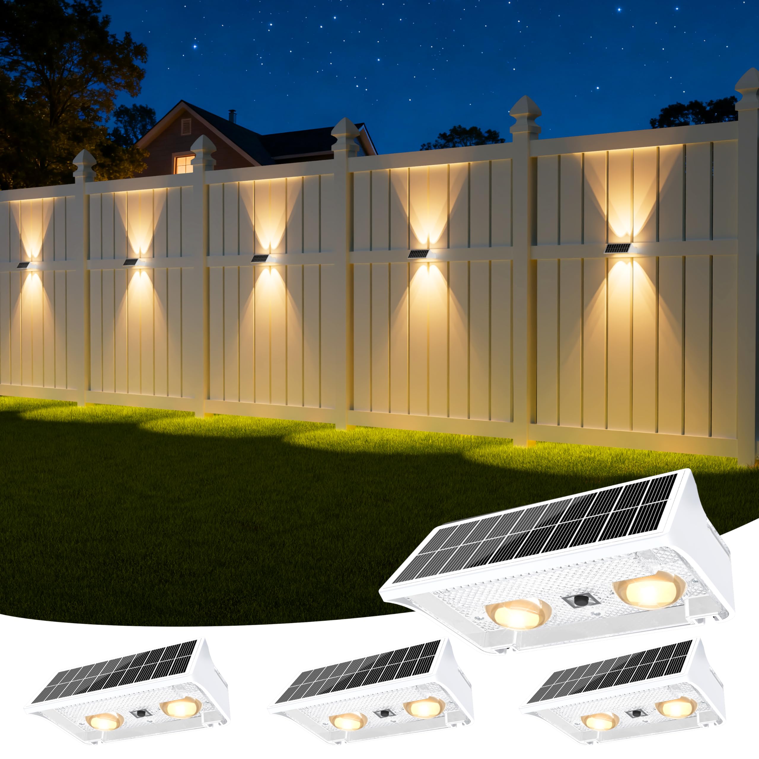 NIORSUN Solar Fence Lights Outdoor Garden, Warm White & RGB, Up & Down Solar Wall Lights Outdoor, Waterproof IP65, Dusk to Dawn for Yard/Pool/Porch (White | 4 Pack)