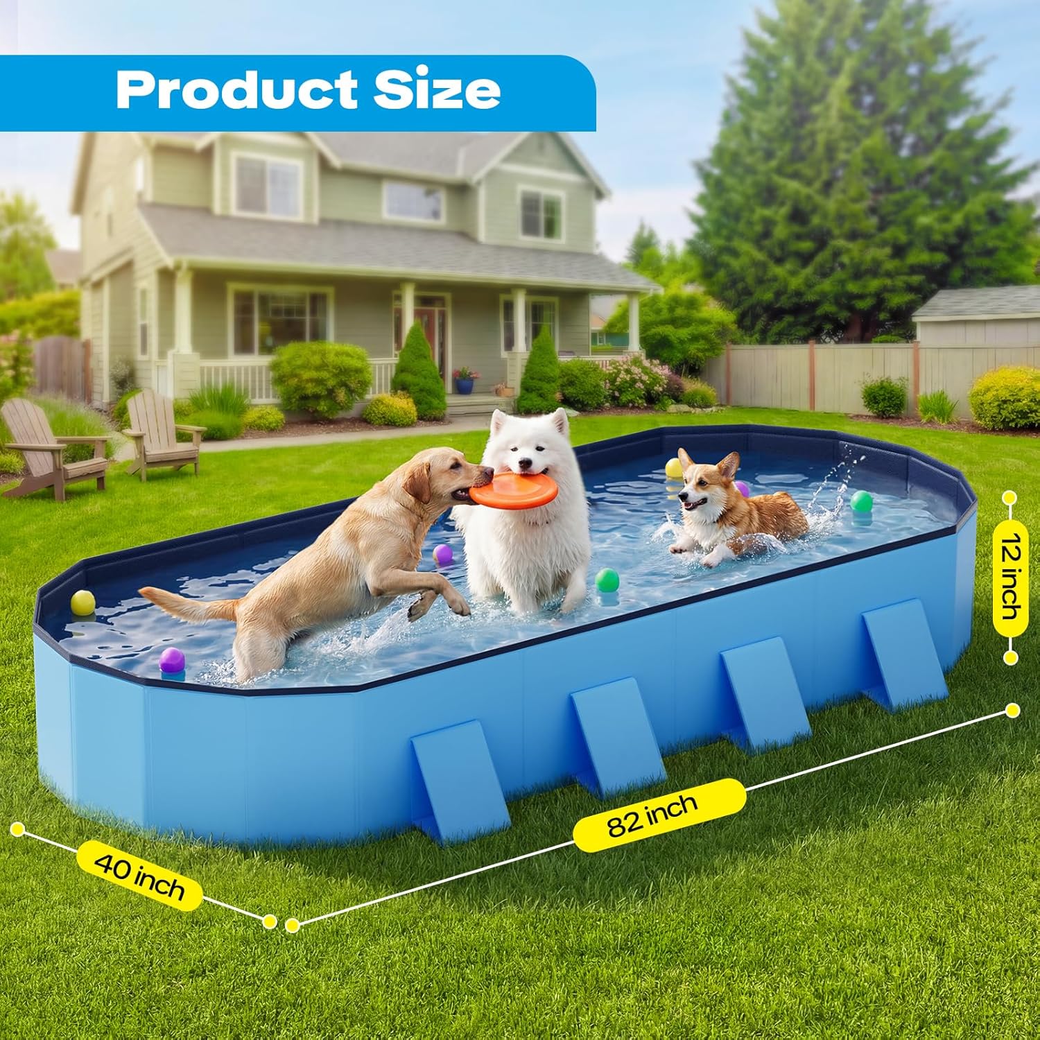 Foldable Dog Pool, 82" Extra Large Portable Pet Bathtub with Non-Slip & Reinforced Support Boards for Indoor Outdoor Backyard Use (Blue)