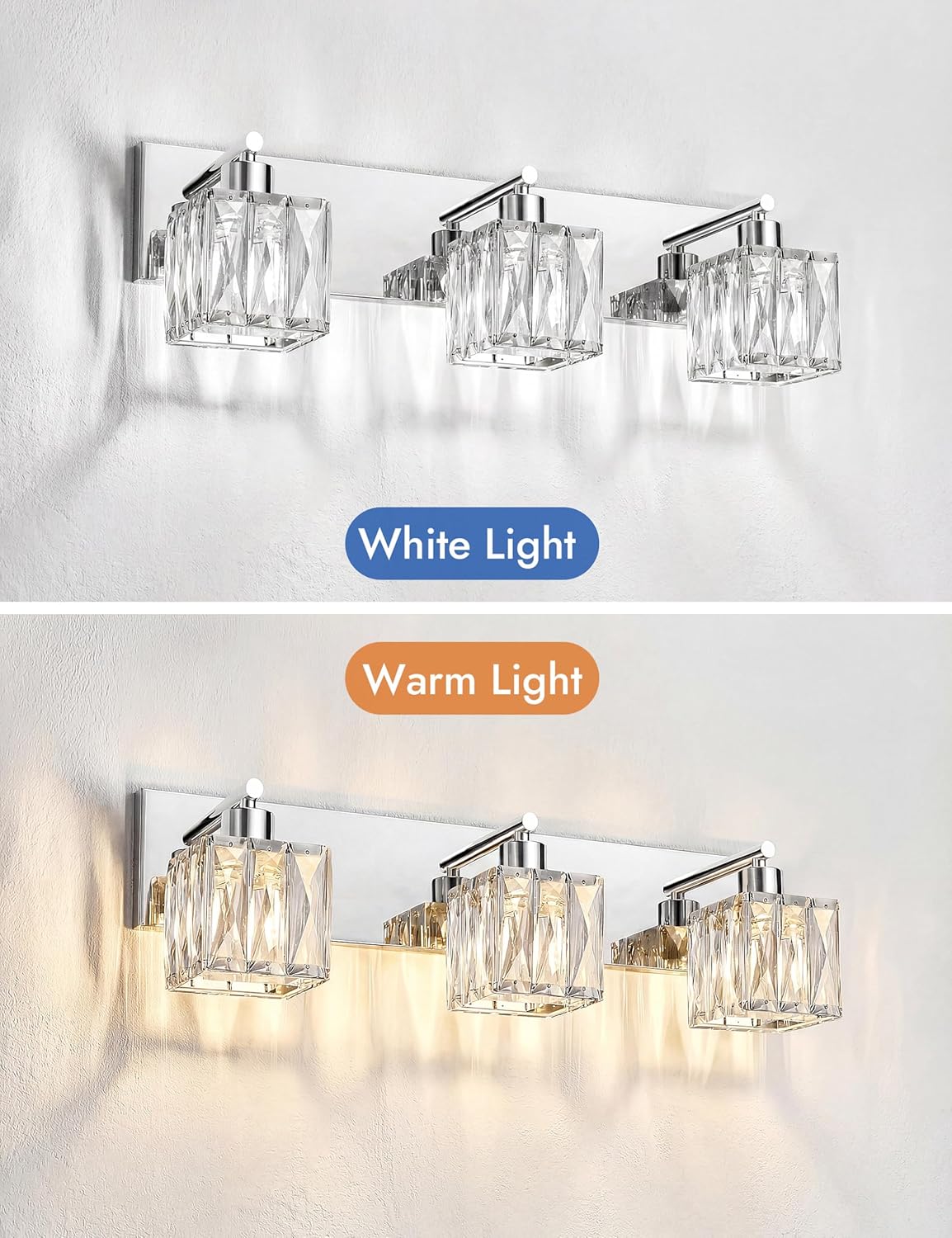 VOLISUN Chrome Bathroom Light Fixtures, Modern Stainless Steel Bathroom Lighting Fixtures Over Mirror, 3 Light Bathrooms Vanity Light, Crystal Vanity Light for Bathrooms-UL Certificated(Exclude Bulb)