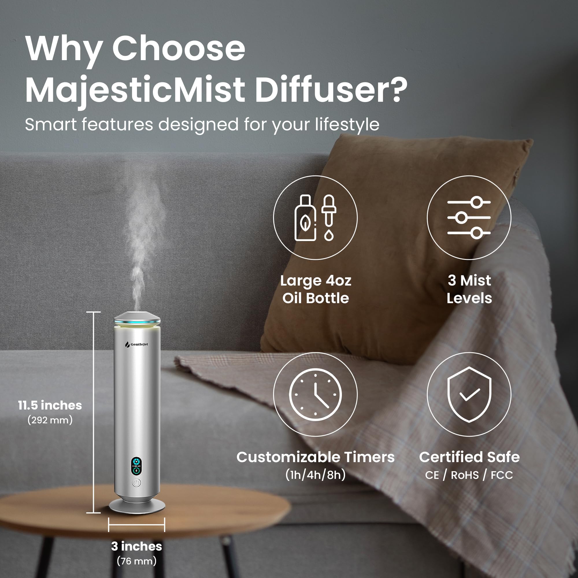 GentleJet MajesticMist - Diffusore di oli essenziali ricaricabile in alluminio senza acqua, con ricarica wireless, diffusore di aromi silenzioso, diffusori di profumi per casa, camera e hotel