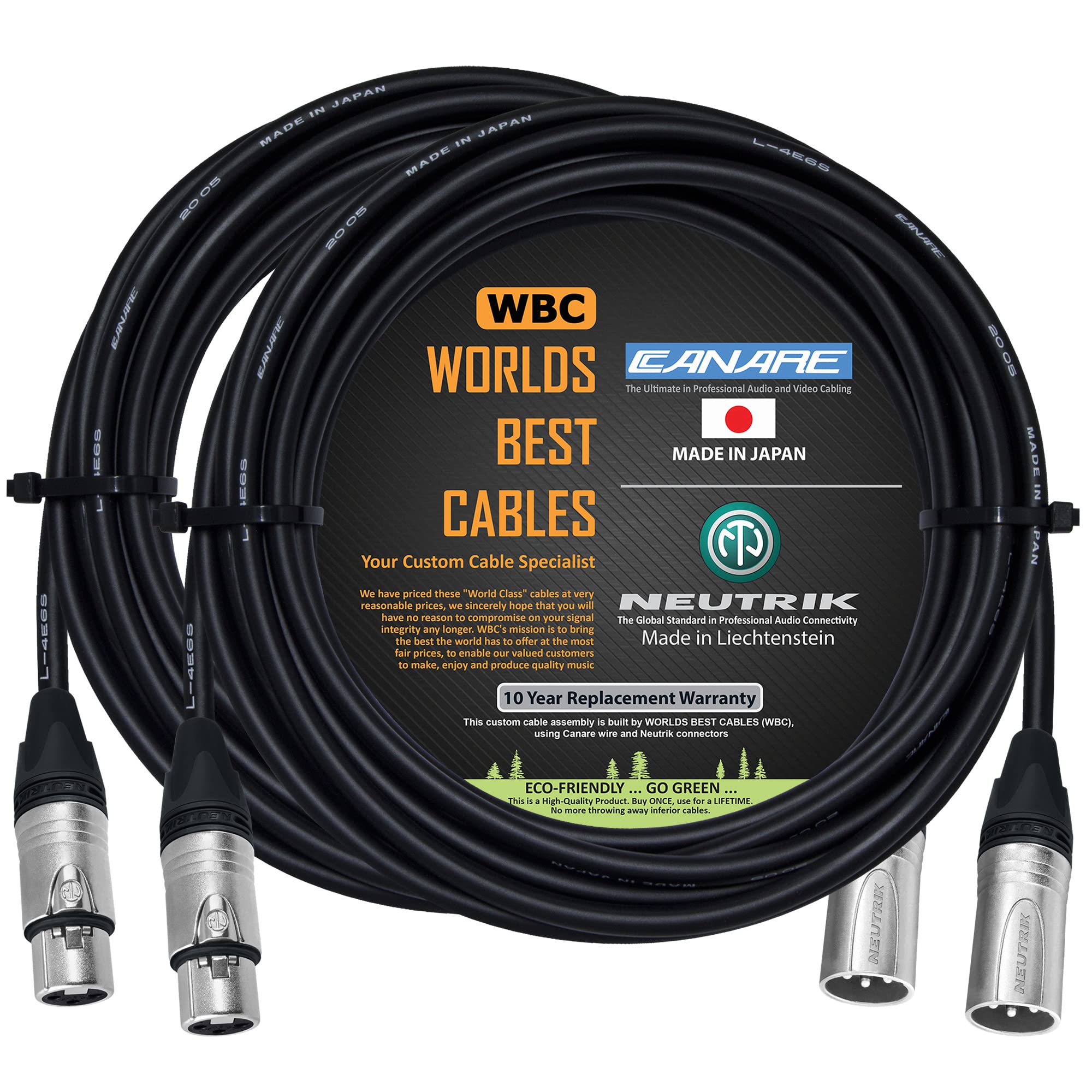 WORLDS BEST CABLES 2 unidades – 50 pies – Cable de micrófono cuádruple equilibrado hecho a medida con cable Canare L-4E6S y conectores XLR macho y NC3FXX hembra Neutrik Silver NC3MXX