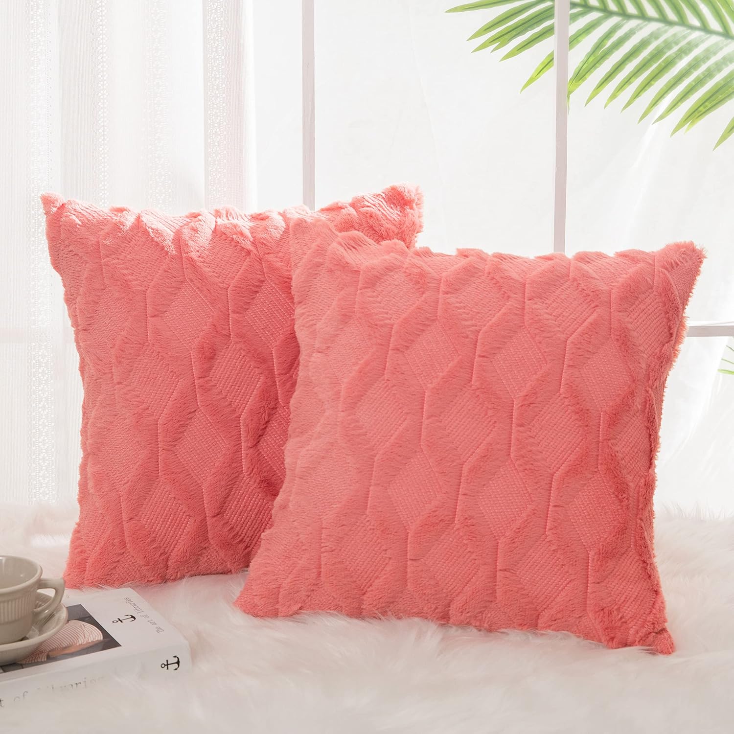 NEERYO Pack of 2 Super Soft Faux Wool Fur Throw Pillow Covers Decorative Pillowcase for Cushion Sofa Bed Livingroom Square 18 x 18 Inch Coral