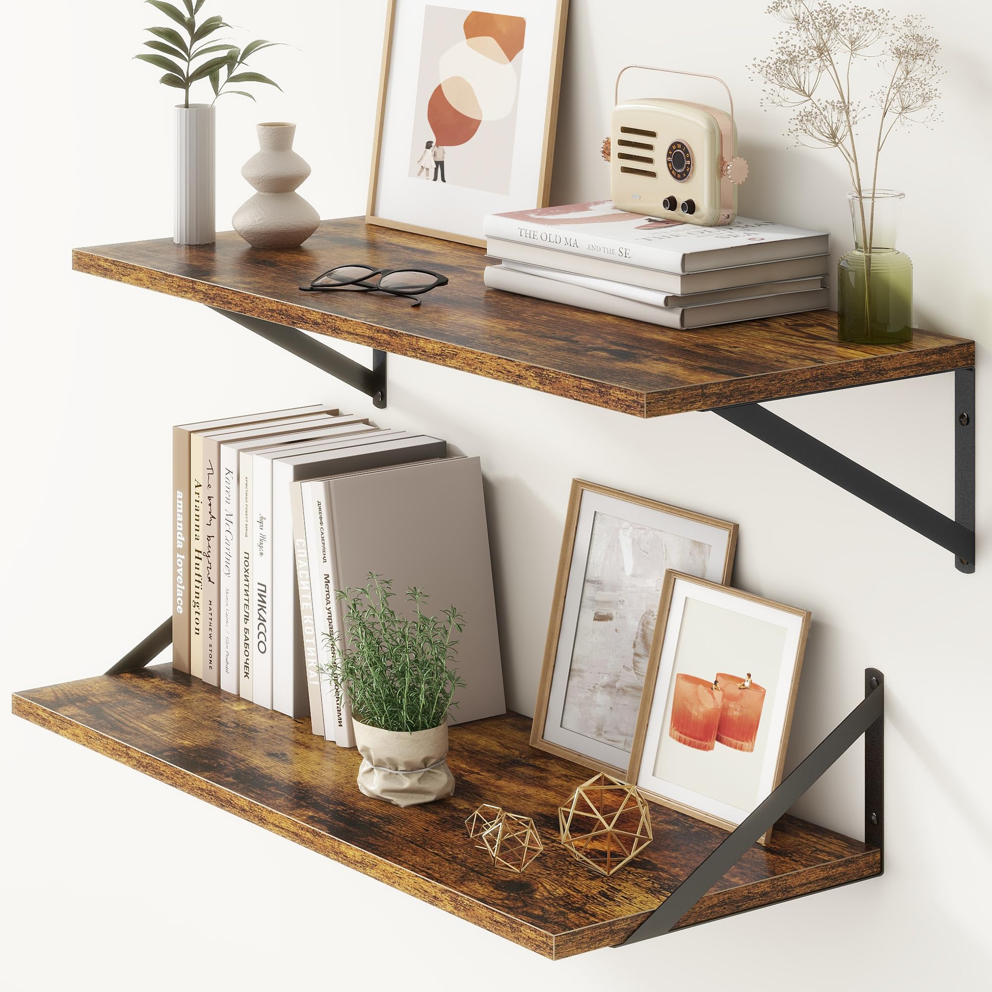 Fun Memories Floating Shelves for Wall Mounted Shelf, 30cm Deep Wall Shelf 1.5cm Thick, Rustic Wooden Shelves for Bedroom Kitchen Bathroom Office, 76cm Brown