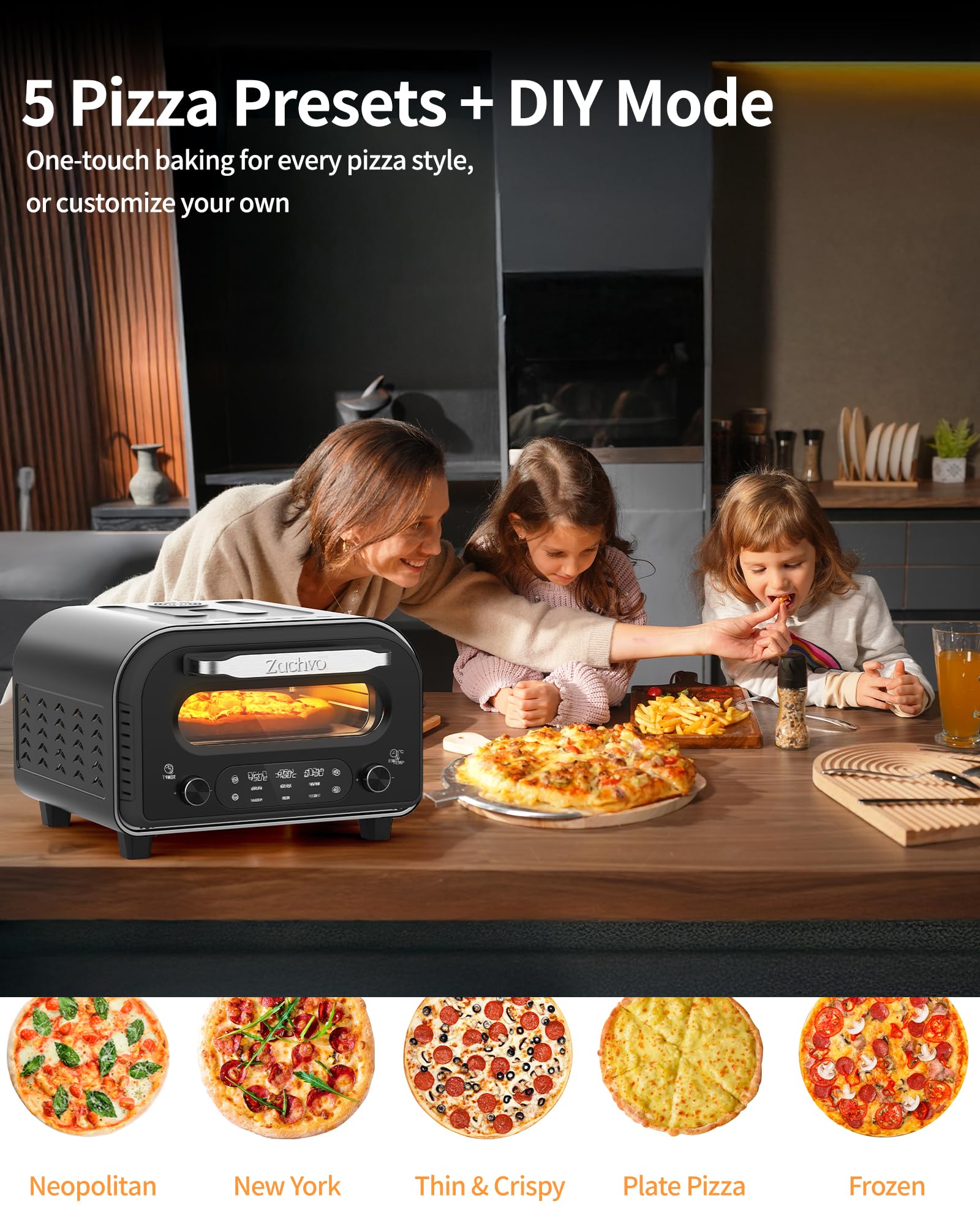 Four à pizza électrique - Jusqu'à 450℃, 5 pizzas préprogrammées, minuterie de 1 à 60 minutes, écran tactile, pour pizza de 32 cm, avec pierre à pizza, pelle à pizza, livre de recettes
