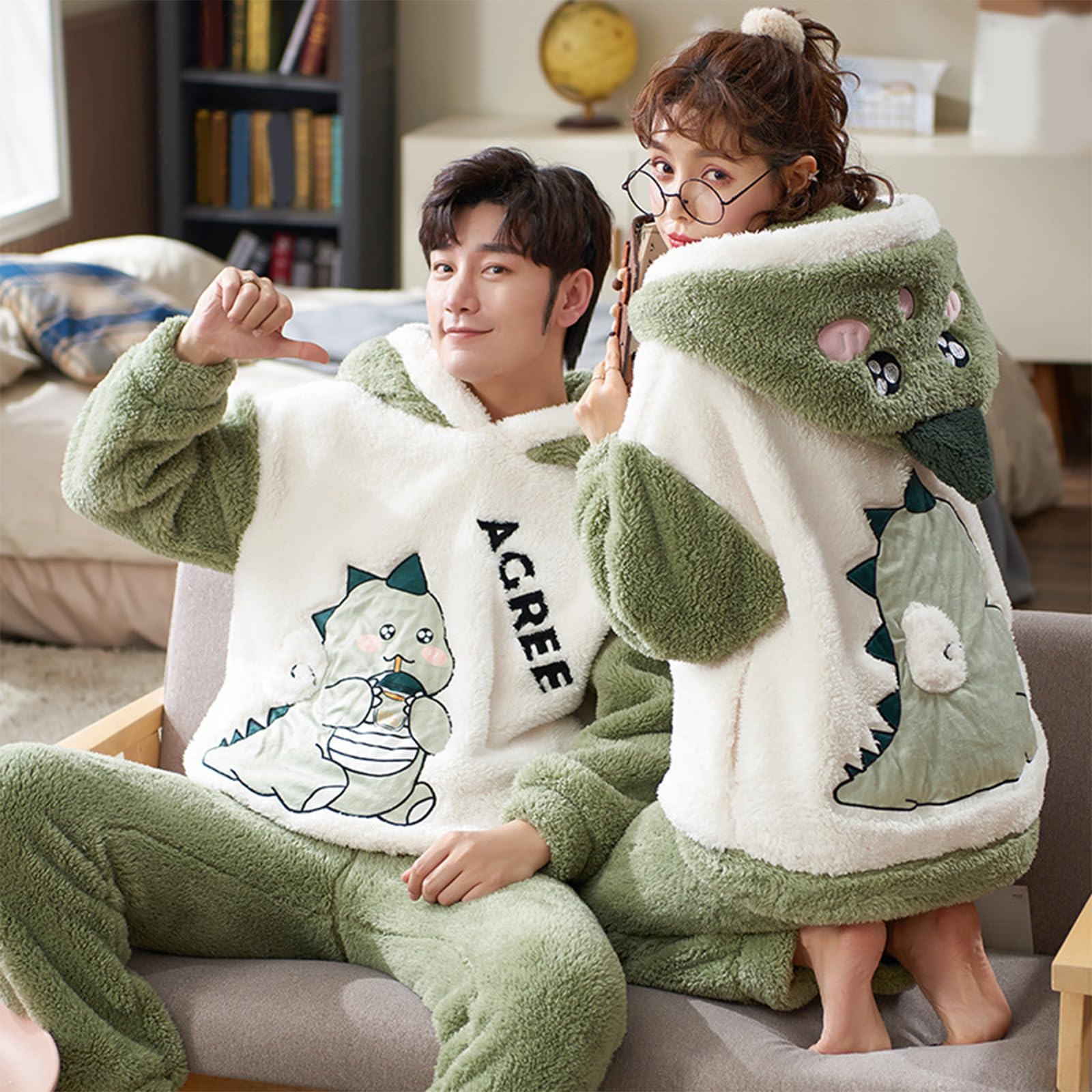 Conjunto de pijama de forro polar, sudadera térmica con capucha y pantalones con patrón de dinosaurio, ropa de dormir para clima frío, conjunto de pijama de franela para mujer