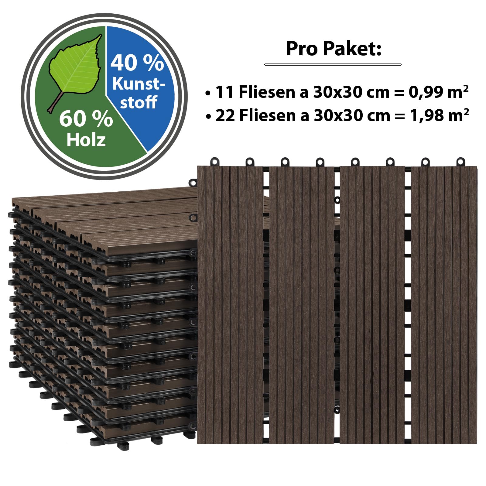 Montafox Piastrelle WPC 30x30 cm 11 Pezzi / 1 m² o 22 Pezzi / 2 m² a Incastro Effetto Legno Pavimento per Terrazza e Balcone, Dimensione:2 m² | 22 Piastrelle, Colore:Marrone Scuro
