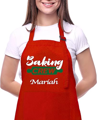 Custom Christmas Apron for Women – Personalized Red or Green Baking Aprons with Name, Xmas Holiday Gifts for Mom, Grandma, Wife – Cooking Apron for