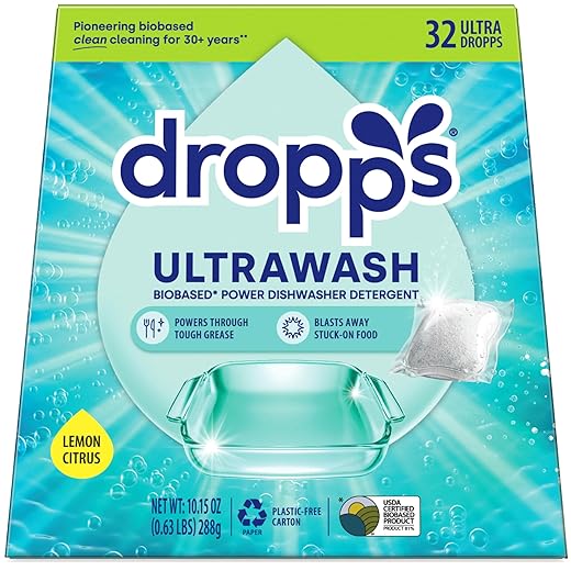 Dropps UltraWash Dishwasher Pods, Lemon Citrus (32 Count) - Biobased Power Deep Clean Dishwasher Detergent Tablets for Sparkling Shiny Dishes - No Rinse Aid or Pre-Wash Needed - Dishwashing Pods