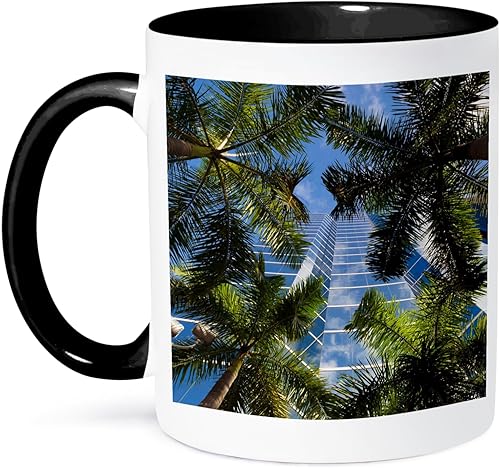 3dRose Estados Unidos, Florida, Miami, Brickell Avenue, edificios de gran altura. Taza negra de dos tonos de 11 oz
