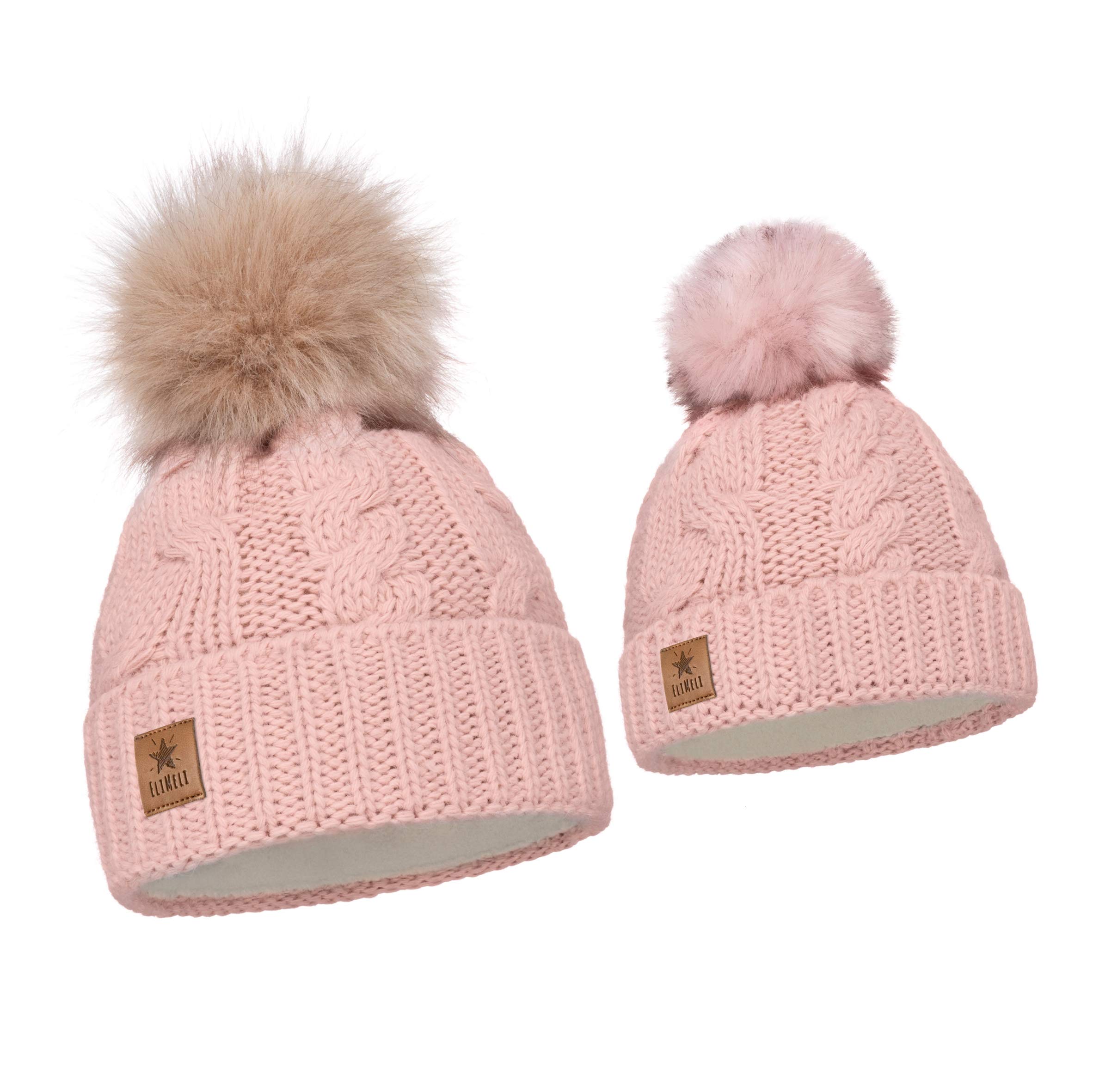 ELIMELI Eltern-Kind Mütze Mädchen Warme Wintermütze für Mutter und Tochter Mütze Damen Winter mit Kunstfell Bommel Slouch Strick Beanie Damen Bommelmütze Kinder Mama und Baby Cap Set 1