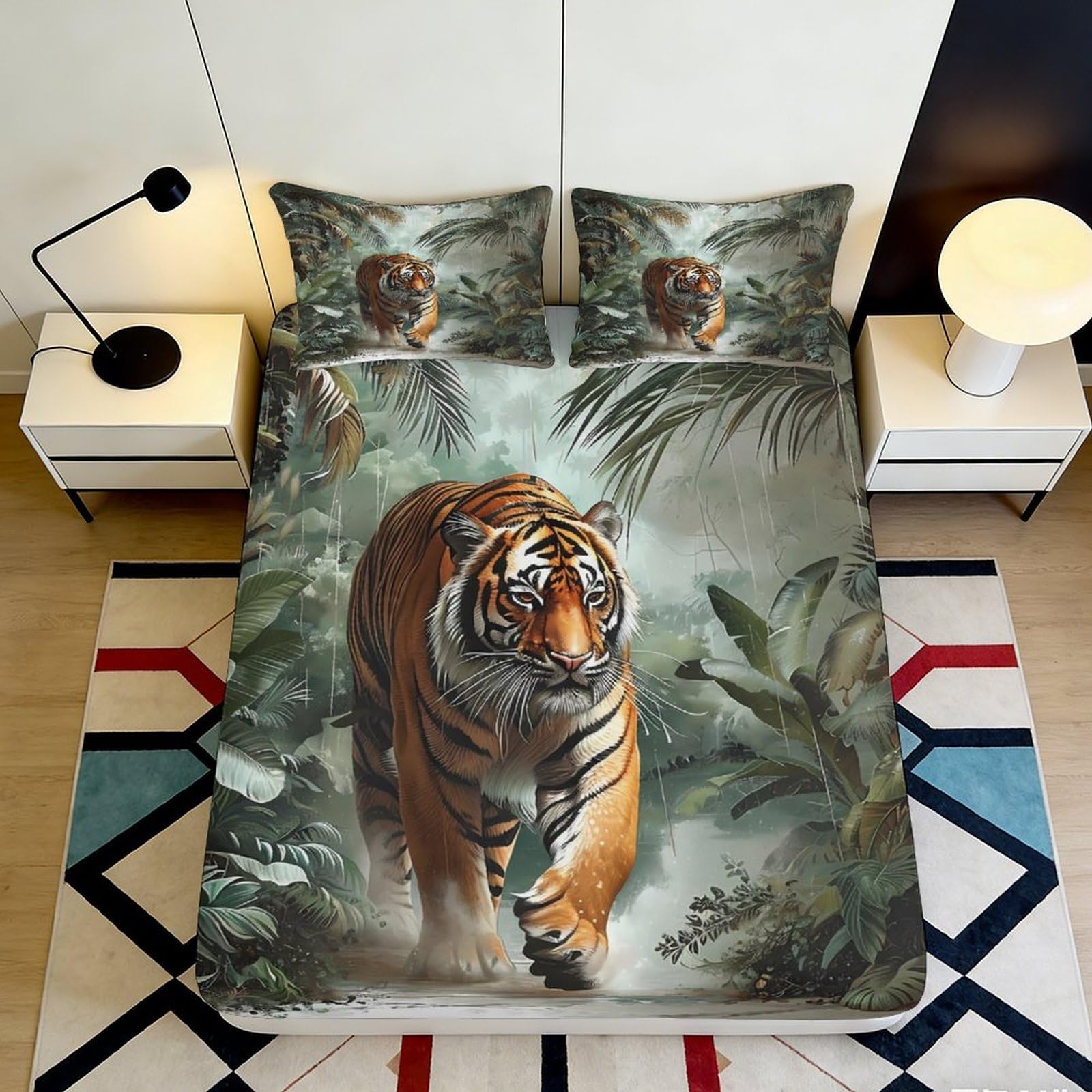 3D Printed Jungle Tiger Fitted Sheet Microfiber Deep Pocket Non-Slip Bedroom Bedding Tiger Mattress Fitted Cover 200x200x25cm