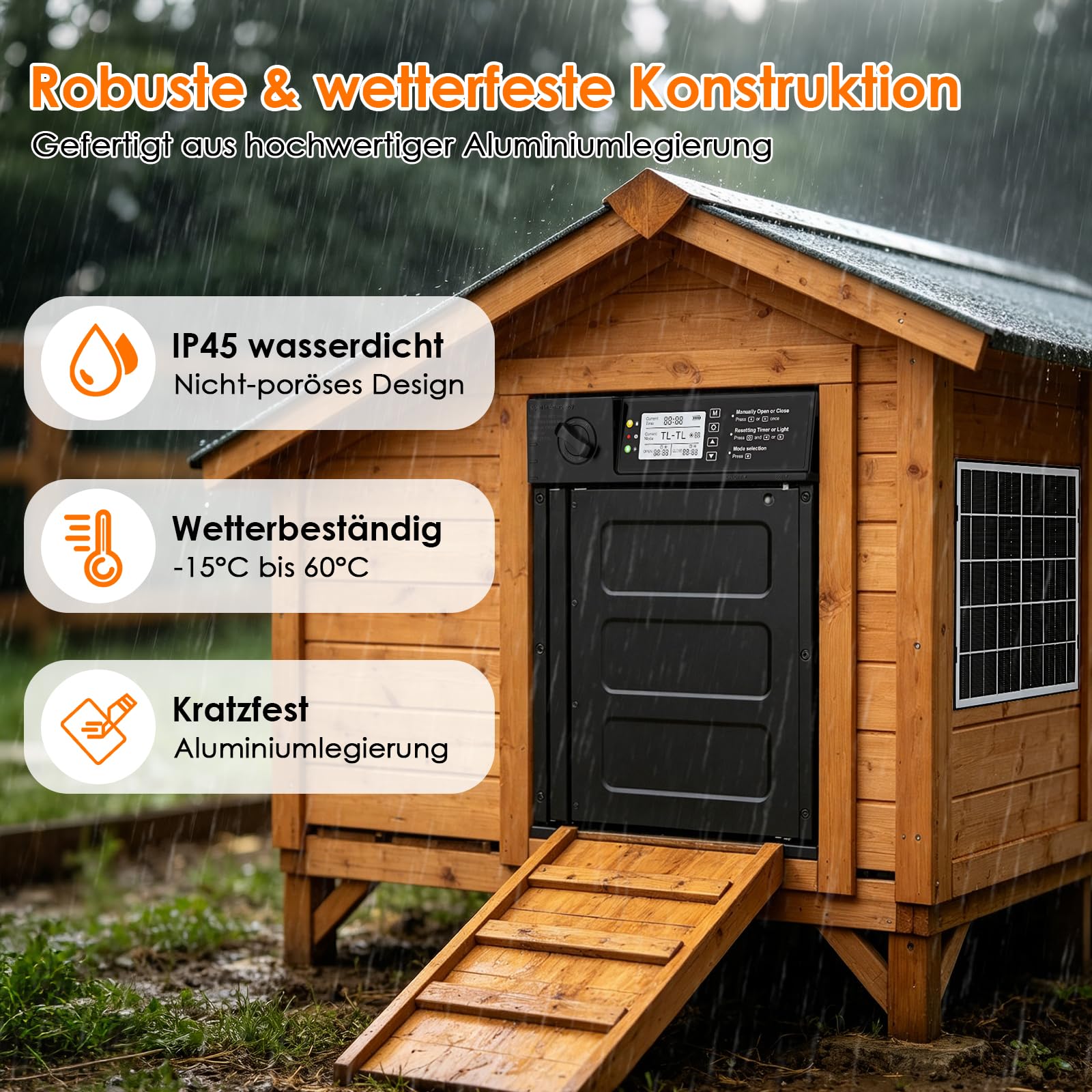 Größe Automatische Hühnerklappe Solar, Seitlich Öffnende Doppelschiebetür, Elektrische Hühnerklappe Automatisch Hühnertür mit Timer, Lichtsensor, Fernbedienung, Intelligenter Einklemmschutz