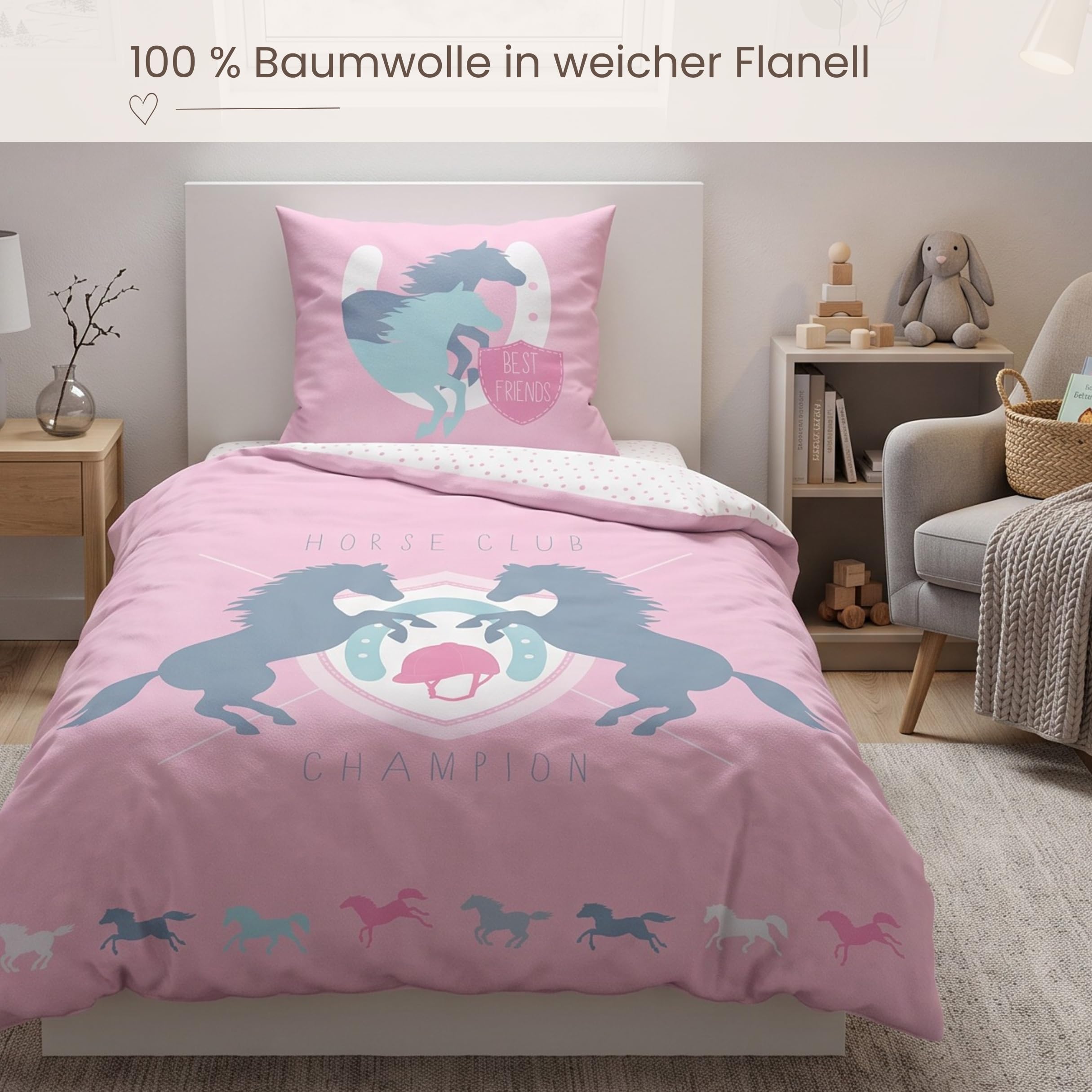 Caballos Juego de Ropa de Cama de Franela de · Chica Cama · Cama Infantil · Best Friends · Caballo & Puntos en Rosa, Color Blanco - Almohada 80 x 80 + Funda Nórdica 135 x 200 cm