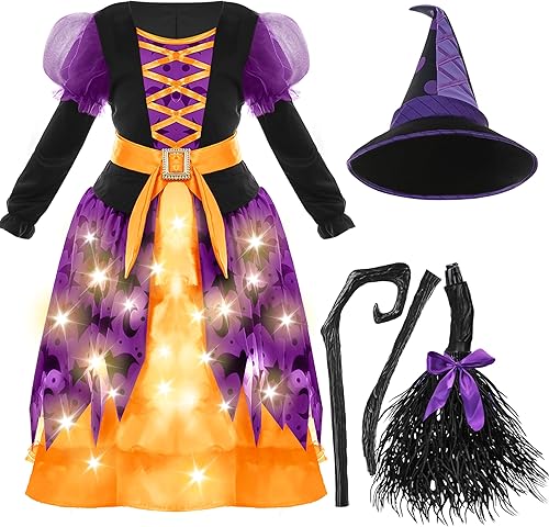 Miniatura 10 de Spooktacular Creations Disfraz de tutú de bruja de murciélago iluminado para niñas, vestido para niños pequeños con escoba y sombrero para fiestas