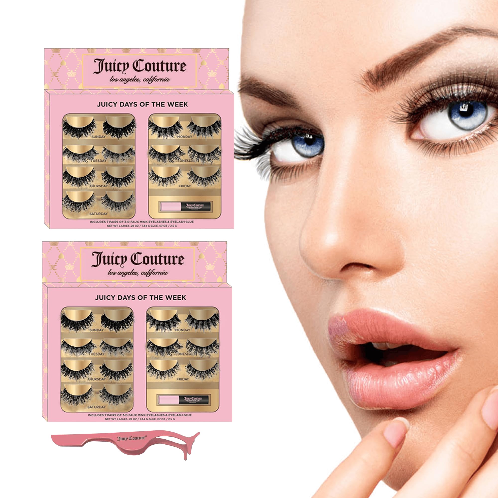 Juicy Couture False Mink Eye Lashes Strips – 3D Wispy Cat Eye Strips with Glue & Applicator – 7 Unique Lash Falsies Every Day for Natural, Fluffy, Dramatic Looks (14 Pairs)