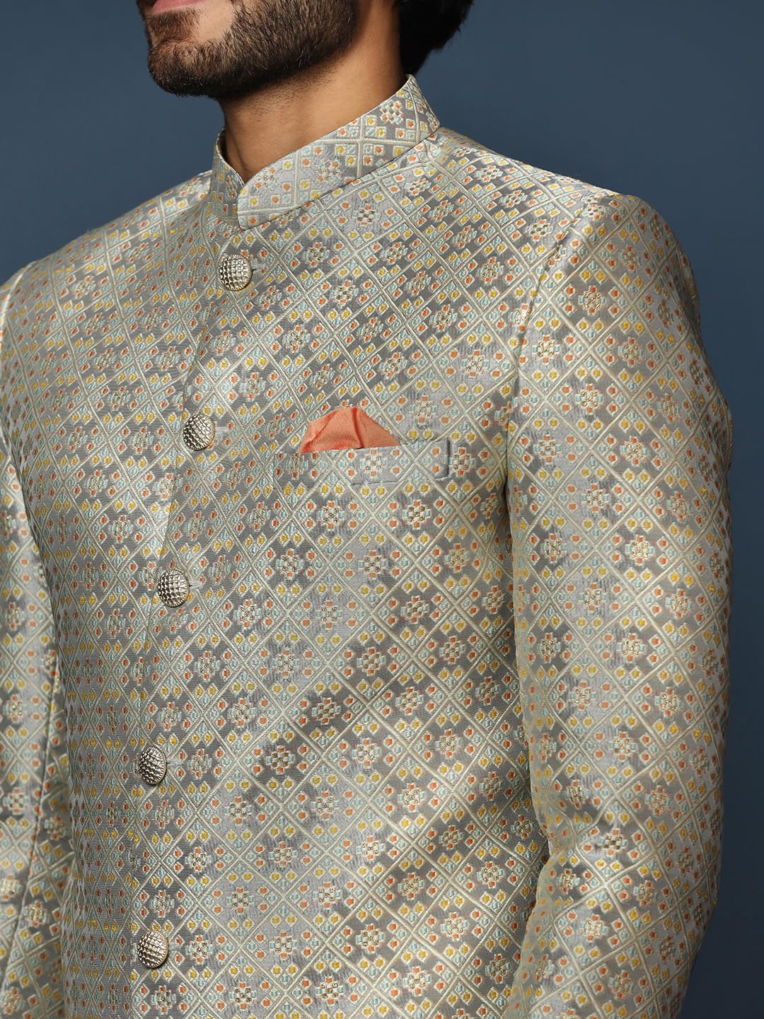 KISAH Mens Sherwani Dhoti Set Silk Blend Jacquard, Indo-Western Ethnic Wear for Men, Grey, 44 - Image 6 thumbnail