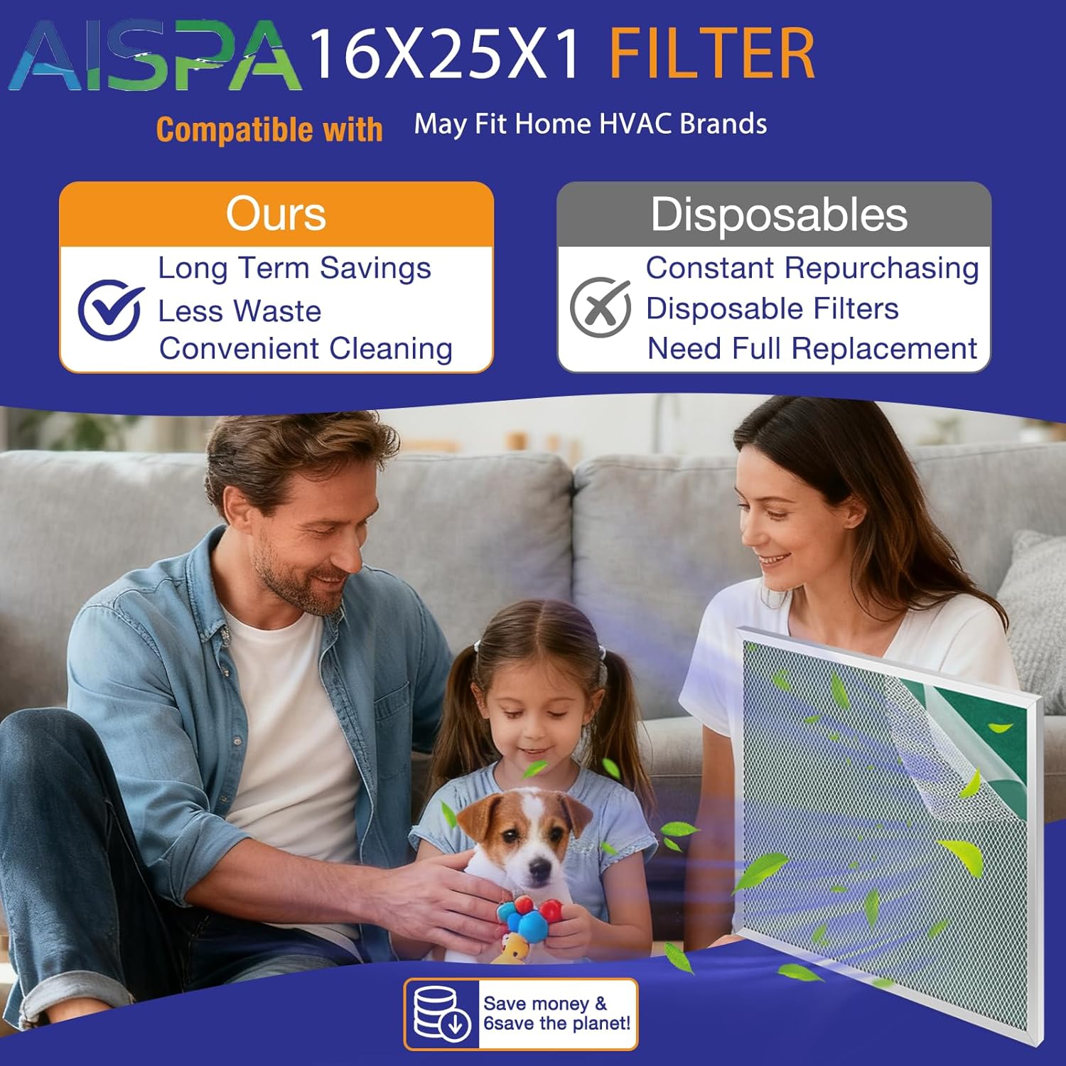 16x25x1 air filter, MERV 11, Electrostatic Air Filter, 2 Pack Washable and Reusable Furnace filter with Sturdy Aluminum Alloy Frame, Nylon Mesh, Fits 16 x 25 x 1 Air Filters for Furnace