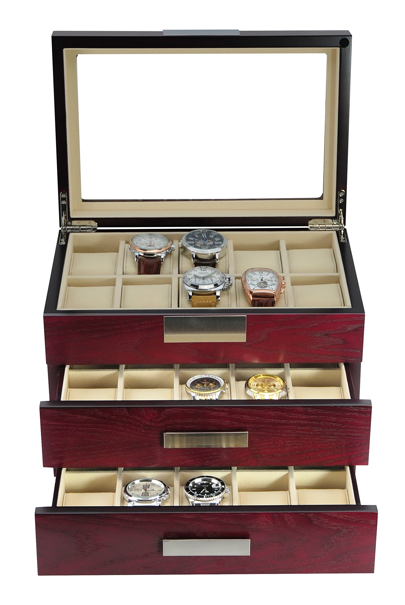 Buy 30 Cherry Wood Personalized Watch Box Display Case 3 Level Storage Jewelry Organizer with