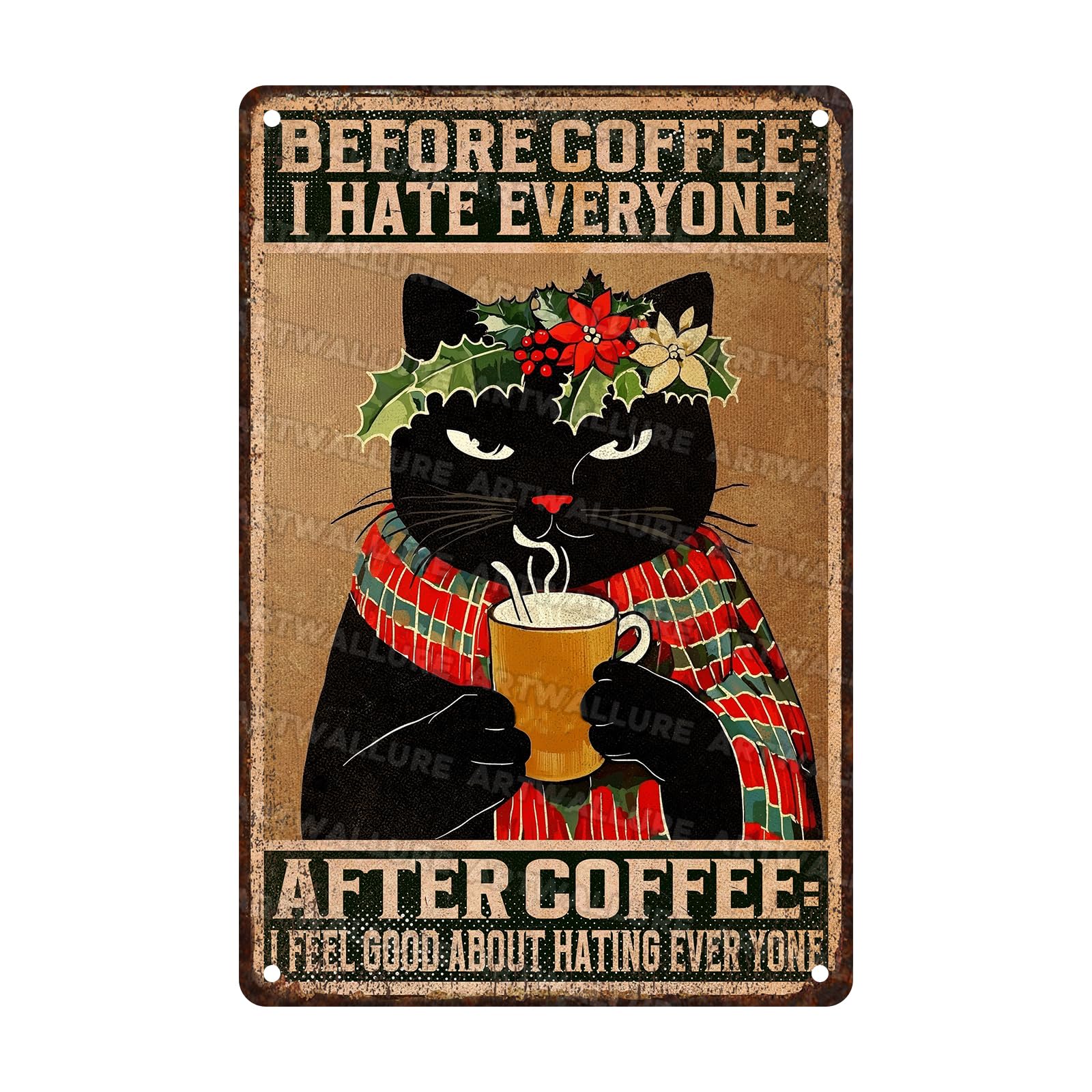 Black Cat Vintage Tin Sign Black Cat Before & After Coffee Funny Metal Sign Wall Decor Rustic Kitchen Wall Decor Sign for Home 8x12inch