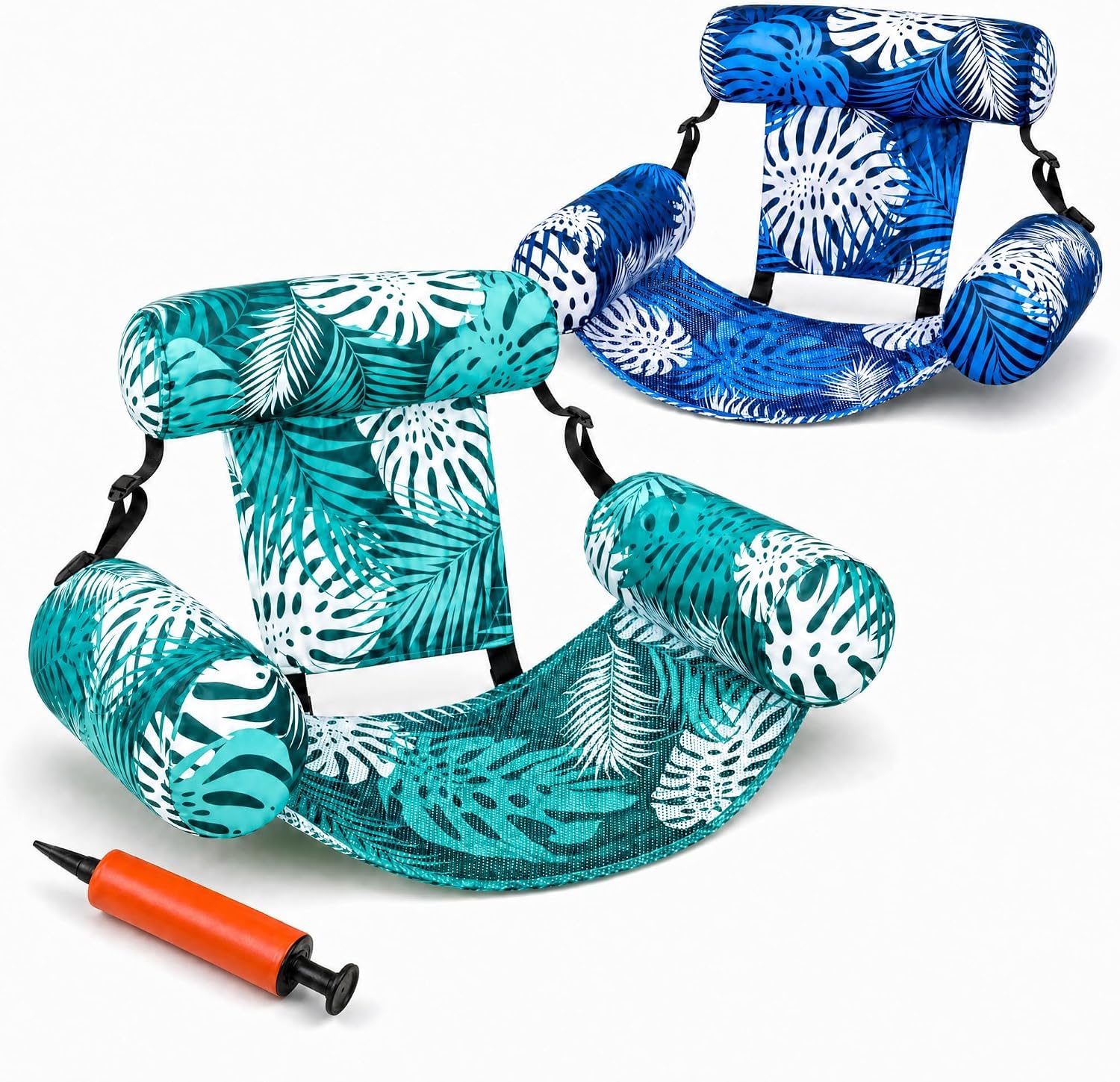Pool Floats Chairs Adult,Inflatable Pool Lounge,Plant Pattern Floating Mat Hammock Includes PumpBlow up Water Chairs Noodles rafts for Party Summer Water Beach Fun (Blue+Green)