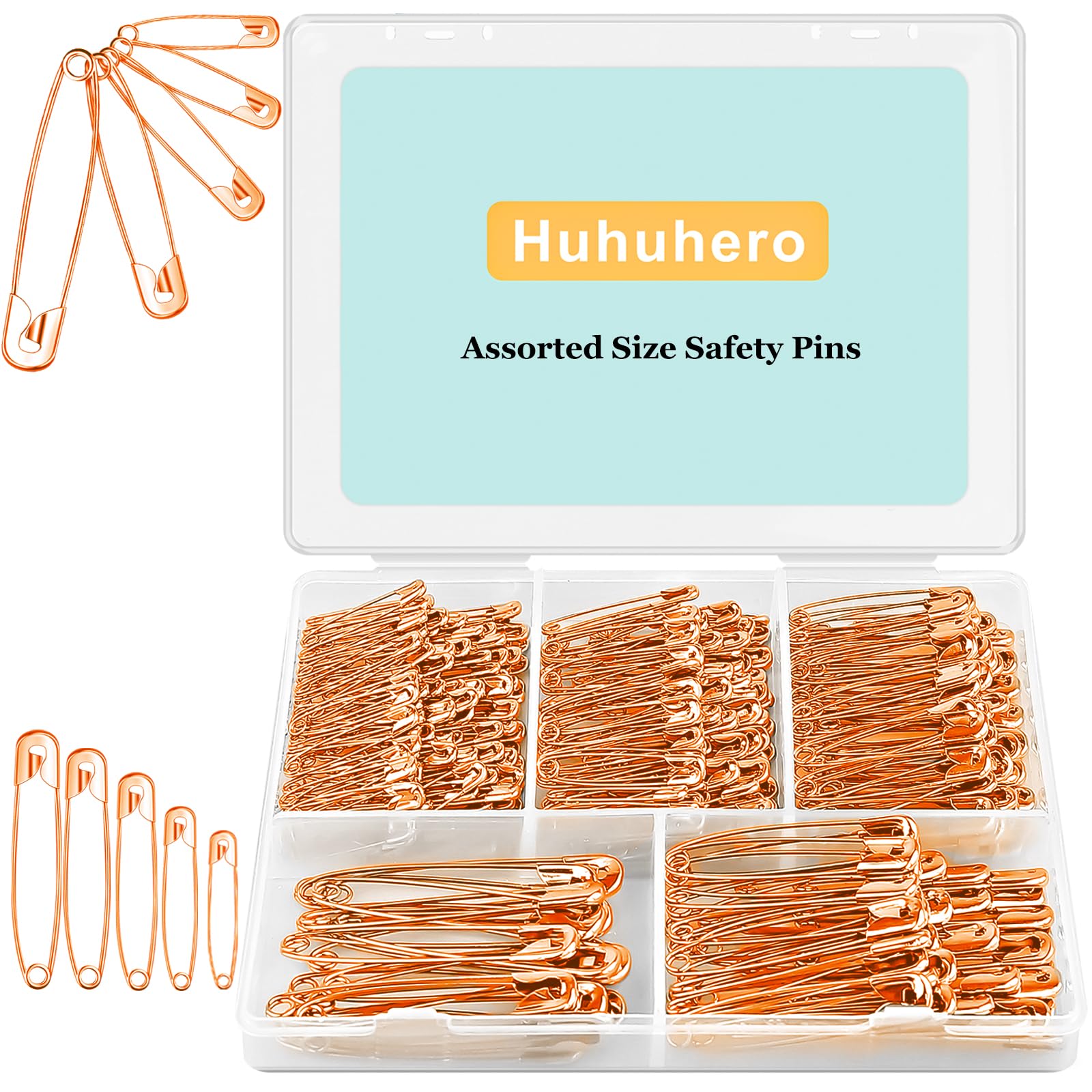 340 Pack Safety Pins Assorted, 5 Different Sizes Small and Large Safety Pins for Clothes Costume, Nickel Plated Steel Bulk, Sewing Crafts Art Supplies, Rose Gold