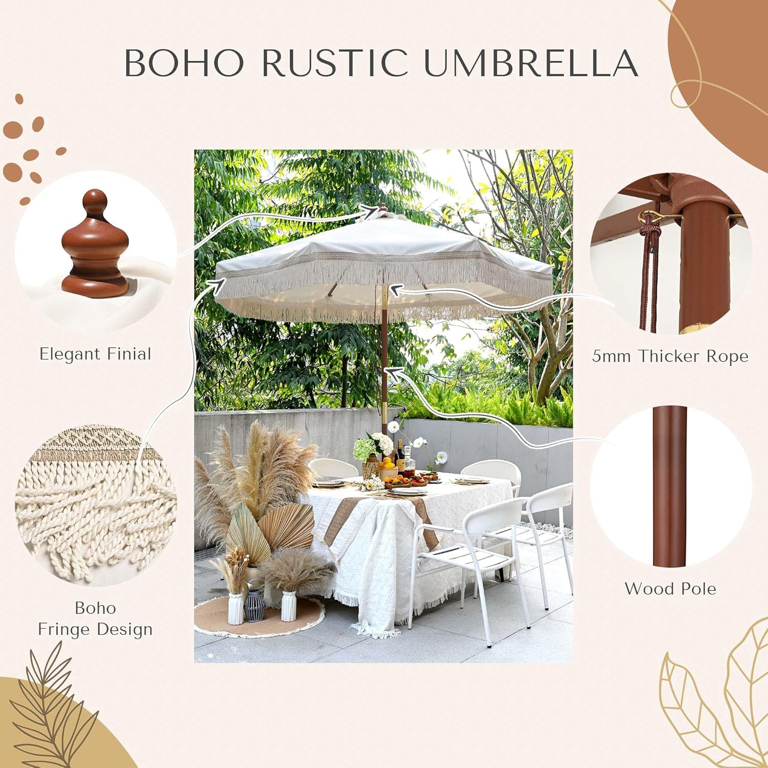 LAGarden Boho Market Wood Fringe Patio Umbrella with Carry Bag Tassels for Outdoor Event Garden Yard House Wedding Party Deck Poolside Sun Shade Parasol