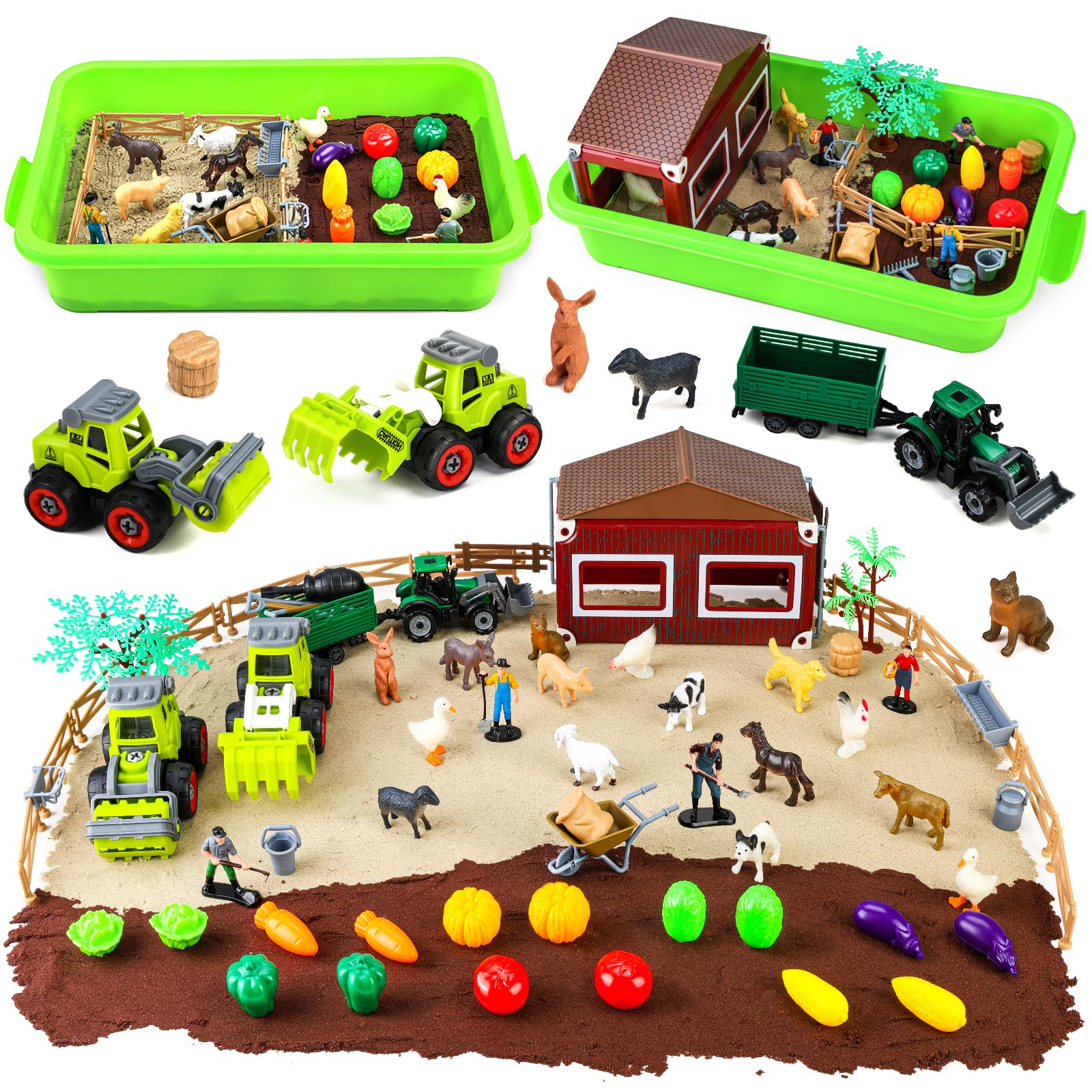 Aprilwolf 69 PCS Farm Sensory Bin Toys Playset, Sandboxes with Sand, Farmer Tractor & Farm Animals Figures Toys for Kids 3 4 5, Gifts for 6 7 Years Old Boys Girls Toddlers