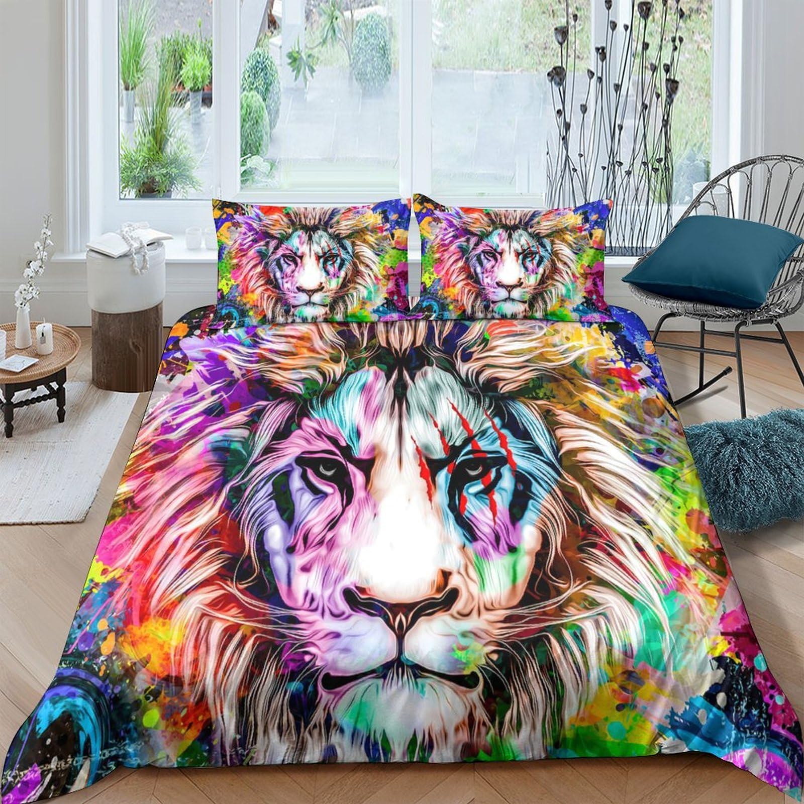 Ctjqhvkz Style-2 3D Printed Colorful Lion Fitted Sheet Microfiber Soft Anti-Slip Animal Print Mattress Cover For Bedroom Guestroom Home Single（135X200cm）