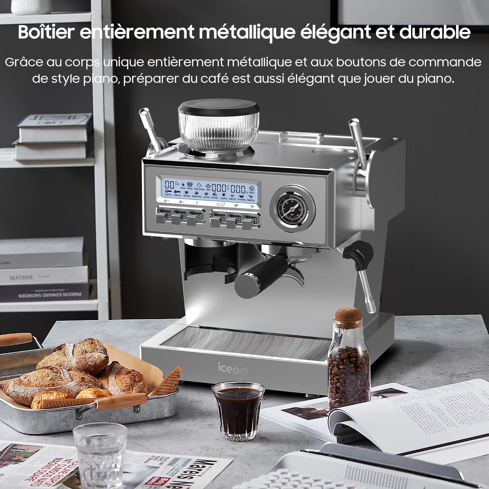 iceagle Machine expresso avec Pompe Italienne de 20 bar, Cafetière a Grain avec Broyeur, Machine à Café avec Mousseur à Lait, Kit Barista, 3 Températures, 25 Niveaux de Mouture, 1,6 litre, Acier Inox