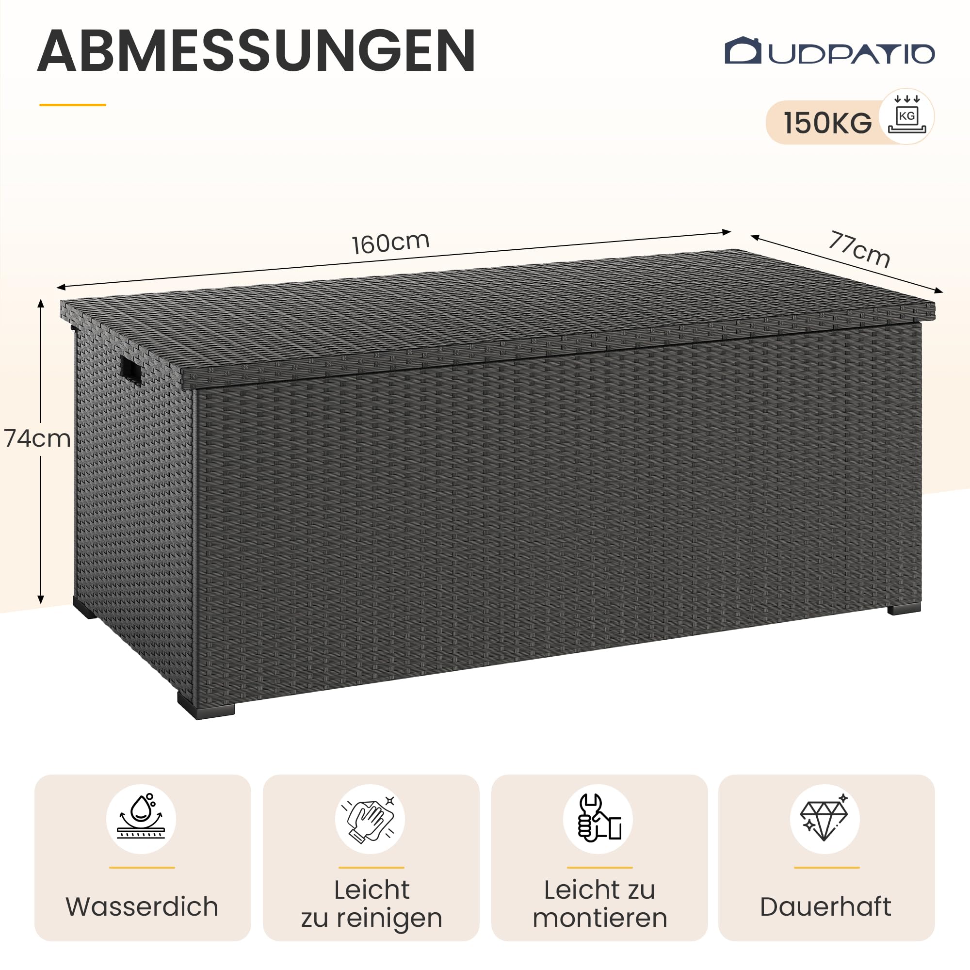 UDPATIO Gartenbox Wasserdicht 870L, Aufbewahrungsbox Garten XXXL, Auflagenbox Wetterfest, Kissenbox Outdoor mit Deckel, Gasdruckfedern | Schwarz
