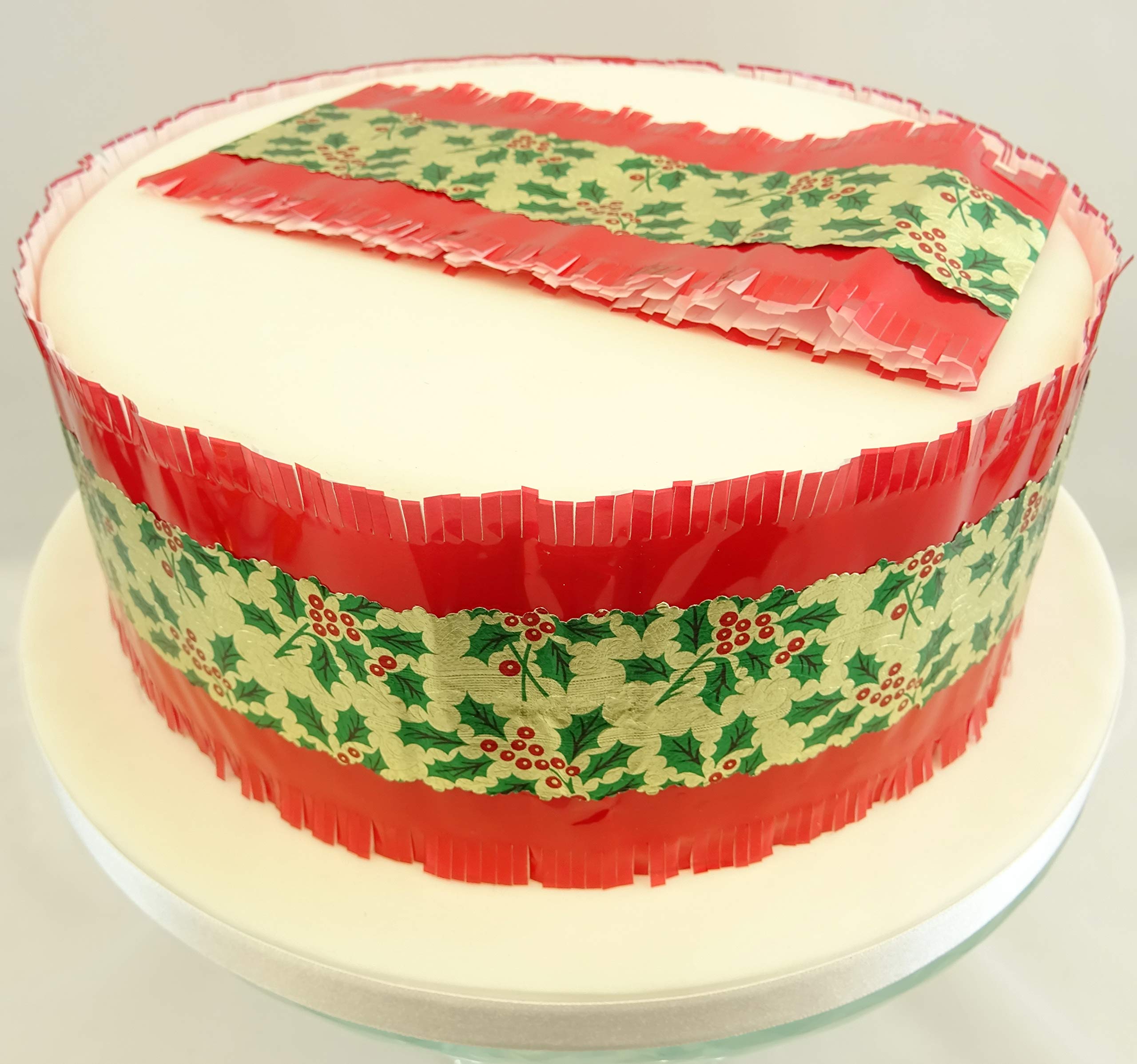 Christmas Cake Frill 5 Metre 83 mm Depth - Red Frill with Gold Foil Band with Green Holly & Red Berries