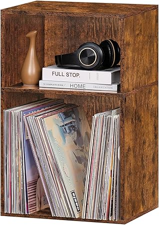 LEYAOYAO 2 Cube Bookshelf,Brown Record Player Stand Holds up to 100 Albums, Mini Wood Book Shelf Storage Organizer,Turntable Stand with Vinyl Storage Cabinet, Narrow Open Bookcase for Small Spaces