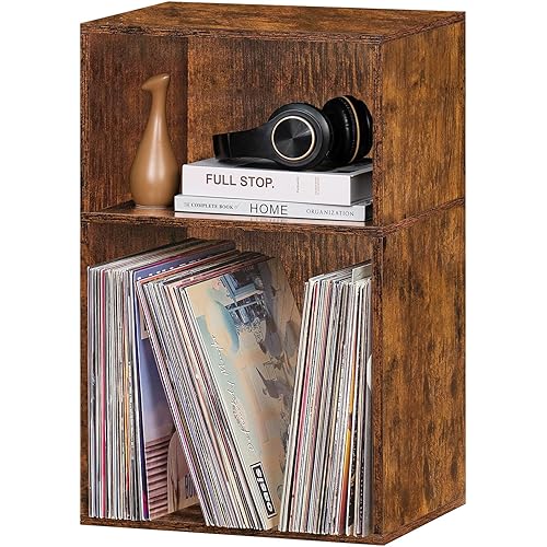 LEYAOYAO 2 Cube Bookshelf,Brown Record Player Stand Holds up to 100 Albums, Mini Wood Book Shelf Storage Organizer,Turntable Stand with Vinyl Storage Cabinet, Narrow Open Bookcase for Small Spaces