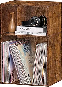 LEYAOYAO 2 Cube Bookshelf,Brown Record Player Stand Holds up to 100 Albums, Mini Wood Book Shelf Storage Organizer,Turntable Stand with Vinyl Storage Cabinet, Narrow Open Bookcase for Small Spaces