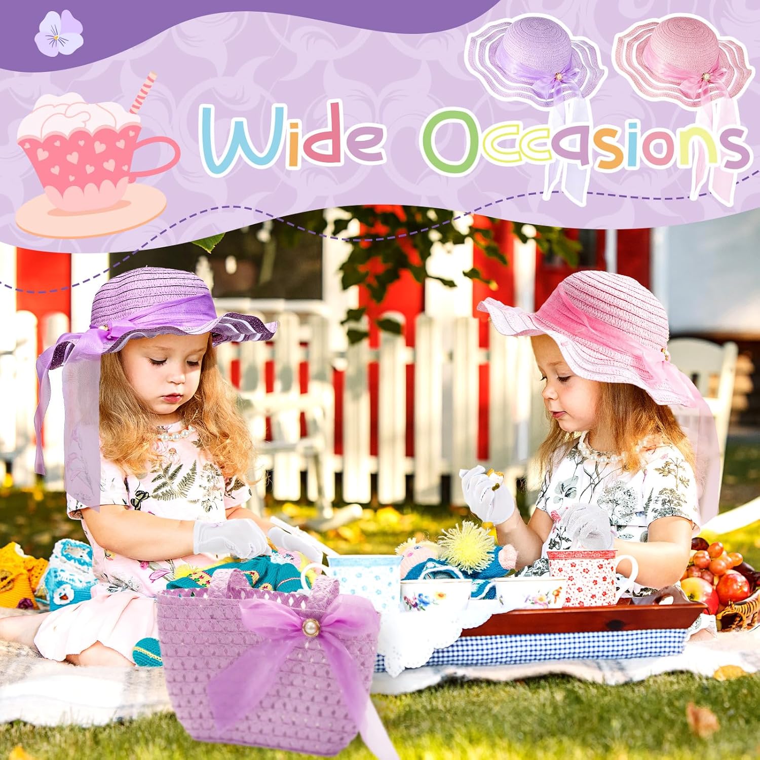 Zhanmai 6 Pcs Girls Tea Party Hats Accessories Set Kids Tea Party Bonnets Hats and Gloves Purses for Girls Dress up Favors - Image 7